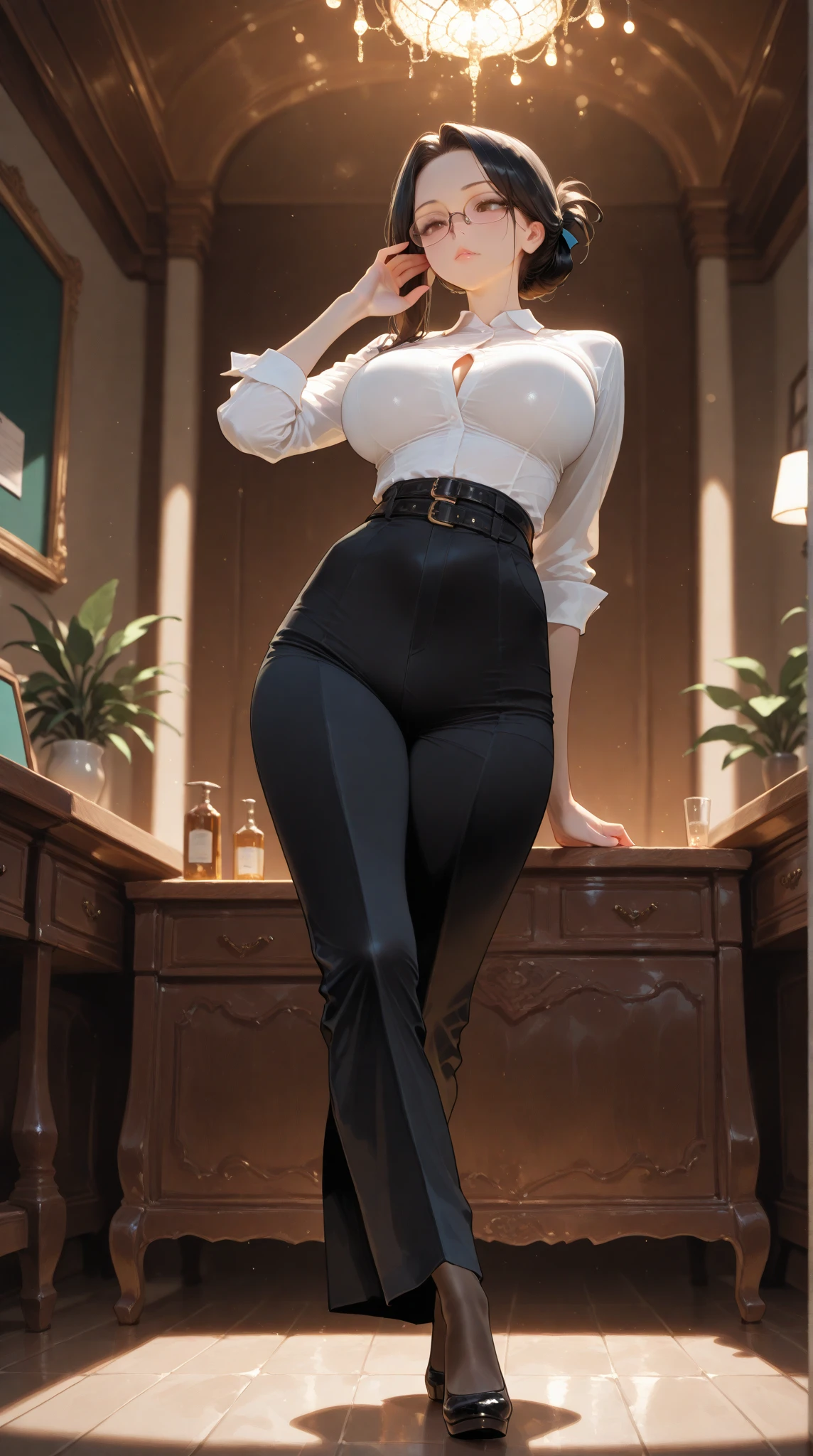 2D, masterpiece, best quality, Japanese cartoons, Highly detailed face, Very detailed eyes, Very detailed background, Perfect lighting, whole body, 1 girl, foot,Pantyhose, ID card, Embarrassing, Smile, Standing, office ,No shoes