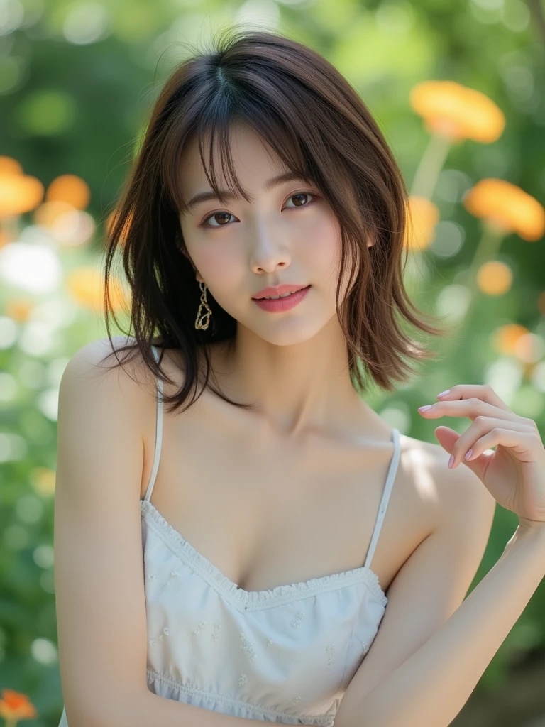 (squat)、(highest quality:1.5)、(Realistic:1.5)、(1 person:1.5)、(Very detailed)、(High resolution)、8k、(Wear a one-piece dress with lace)、(Small breasts)、Natural color lips、Cute Smile、20-year-old girl、(Beautiful and elaborate face)、(Perfect and beautiful face)、(Big eyes)、(Beautiful and elaborate face)、(Beautiful, balanced eyes)、Beautiful double eyelids、Perfect and beautiful face、Arched thin eyebrows、Slim face、(Slim figure)、Beautiful and thin nose、 Beautiful Skin、(Medium Bob Hair)、Natural Bangs、Fair skin、Front lighting、(Lighting the face)、Deep blue eyes、Slim waistline、(lim and beautiful legs、hydrangea、garden、