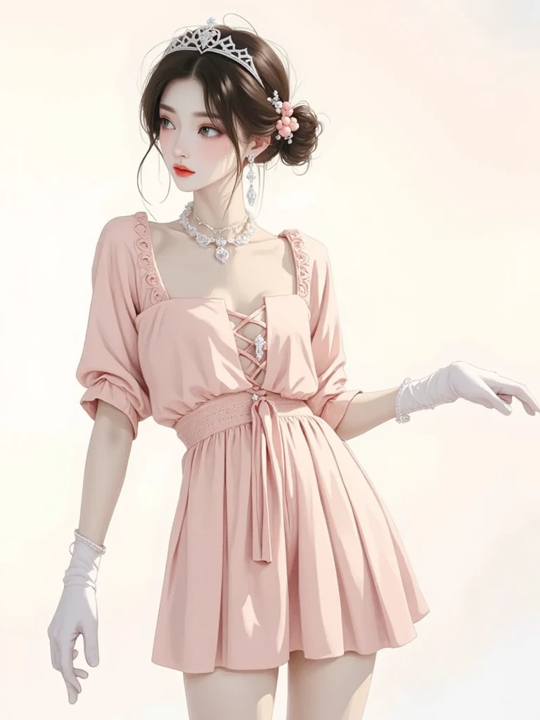 Polaroid film, masterpiece, best quality, jennie, bunny girl, pink bandeau dress, white silk lace, pink background,