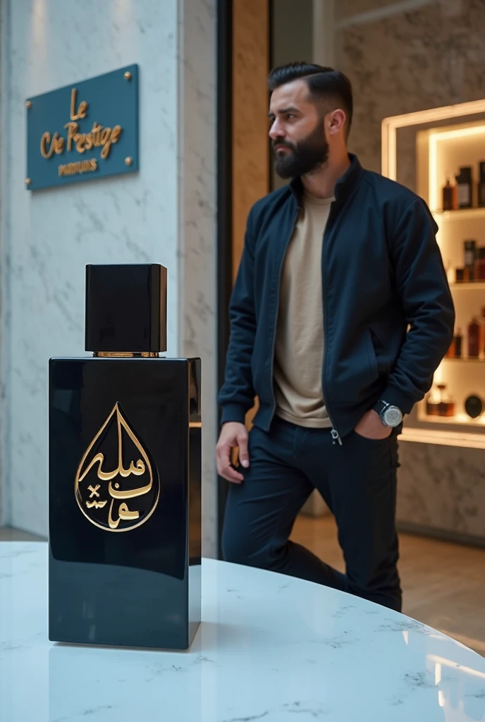 The aim of the photograph is to capture the essence of a traditional Arab man, immersed in an environment of luxury and sophistication. The image should highlight his confident and dignified posture, reinforcing the connection between tradition and modernity. The use of traditional Saudi clothing, such as the white thobe and ghutra, together with the presence of Lattafa Asad perfume, symbolizes the fusion of cultural heritage and the refined taste for premium products. The inclusion of the number 1 hand gesture emphasizes self-confidence and leadership. The luxurious perfumery, as a backdrop, enhances the atmosphere of exclusivity and prestige that accompanies the protagonist, creating a visual composition that exudes power, tradition and elegance.