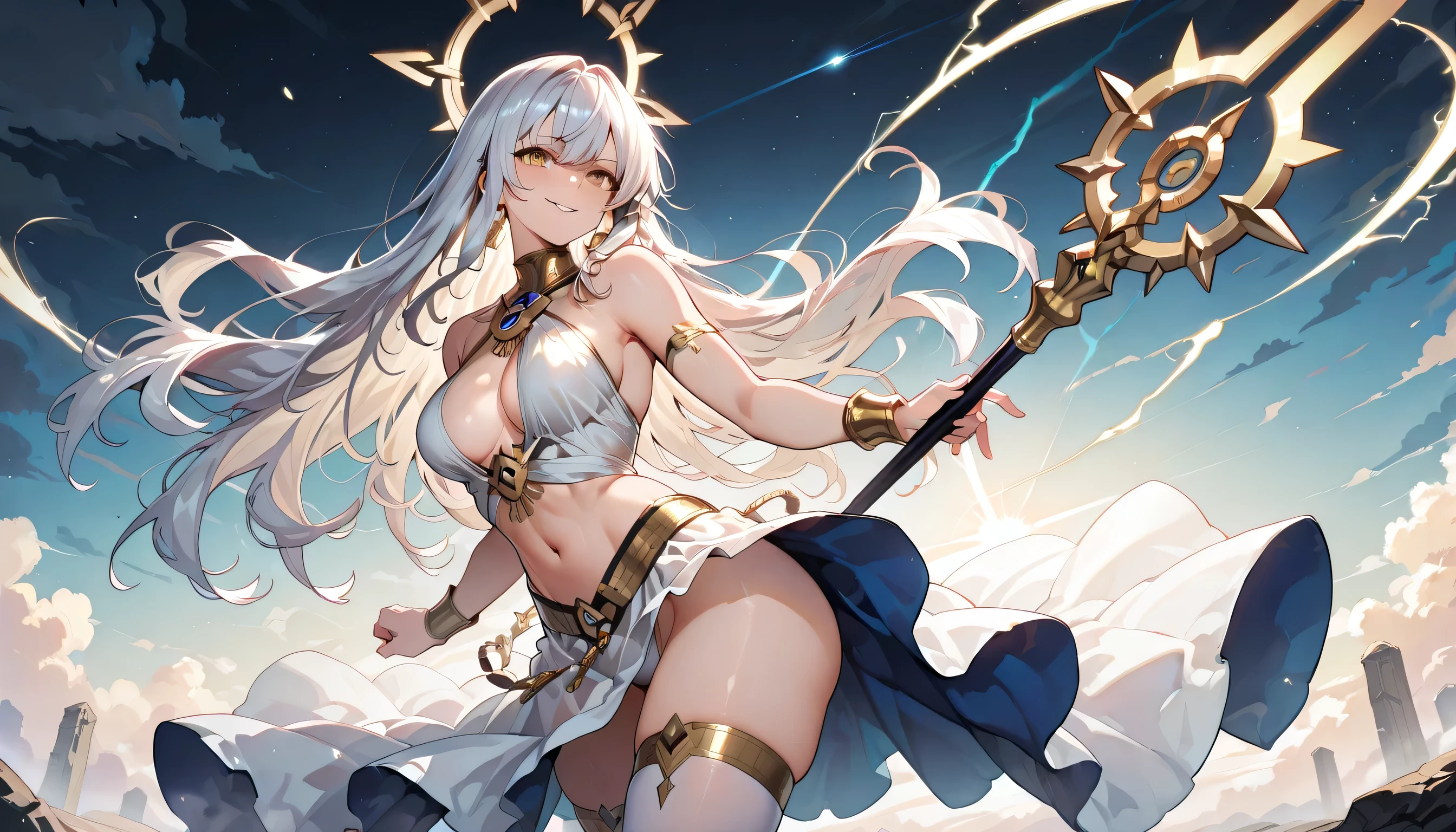 4k,alta resolução,uma mulher,harpia,cabelos loiros brilhantes,Cabelos compridos,olhos azuis brilhantes,Enorme teto,asas brancas brilhantes,golden toenails,deusas,valkyrie,jewelry decorations,Temple in Heaven