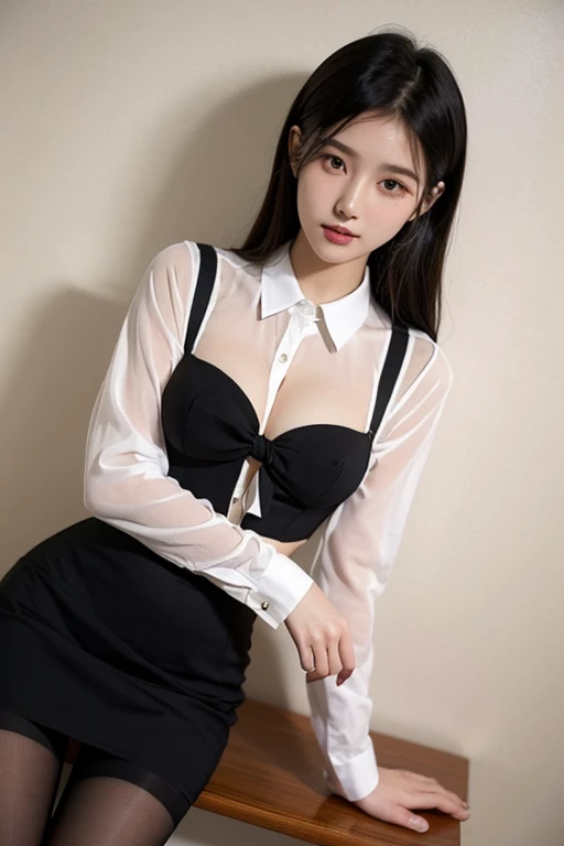 Super detailed、Japanese、charming beauty、seductive adult woman、Dainty woman、sharp eyes、cool girl、wavy hair、suit、Black chiffon、lacy fabric、wide sleeve、wearing a lace insert dress、white blouse、flare skirt、flower pantyhose、Shiny legs、evilの幹部、evil depravity、brainwashing、Mind control、lipstick、grin、邪evilなな表情、evil、empty eyes、邪evilな、one girl in a dark factory、Are standing