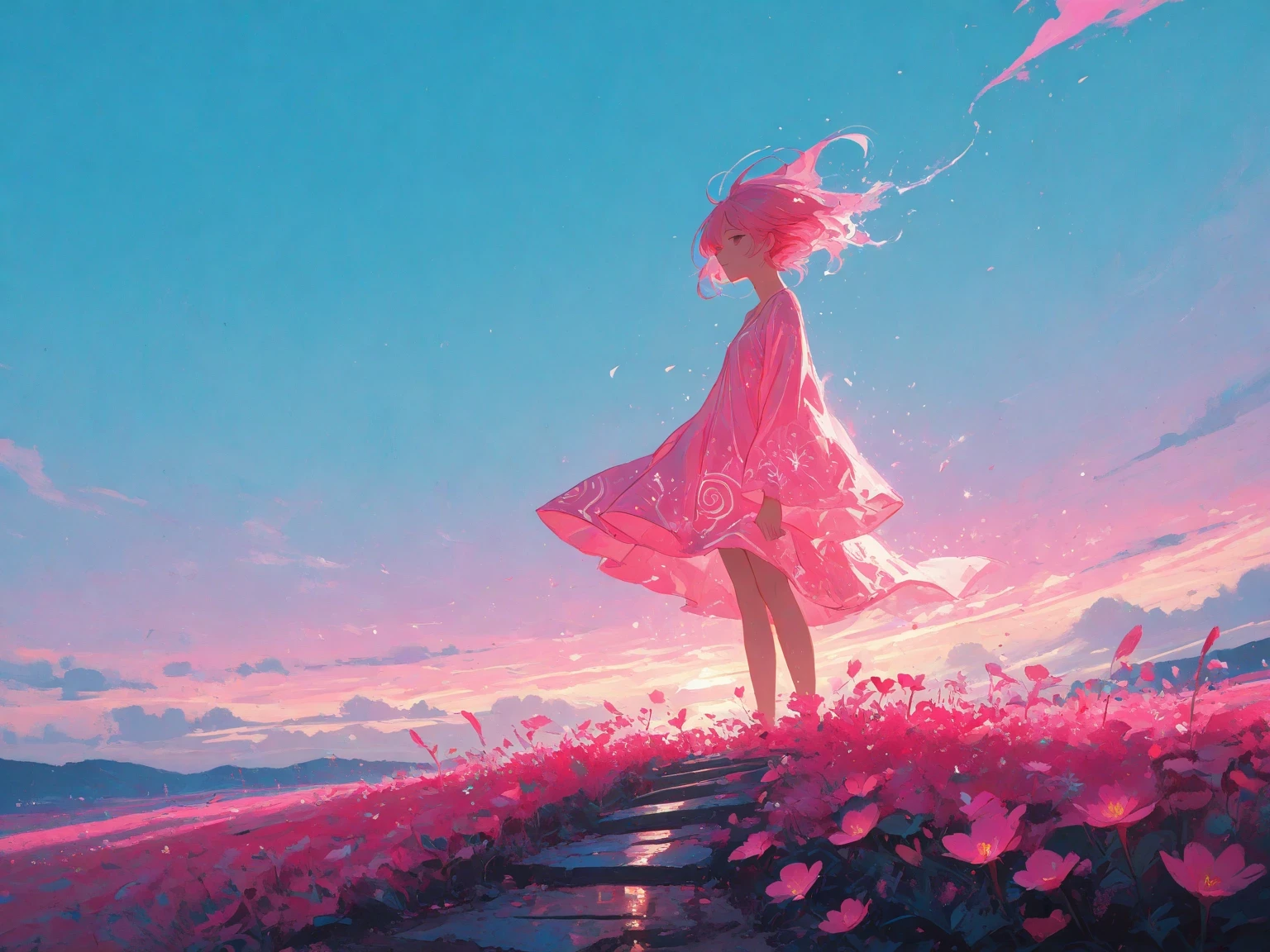 masterpiece,best quality,abstract painting,A pink light shaped a flower softly glows,embodying thoughtfulness, a rich spirit,and the quiet coexistence of sensitivity and brilliance.I offer a prayer —for release, for peace,and above all, for a gentle, ordinary day.May this heartfelt prayer reach her steps,under the blue sky,may the light keep illuminating her path,spirit of the wind,dymanic angle,hard brushes work art-style, Intricate Artwork , detailed illustration ,Hand-drawn sketch,8k,HDR