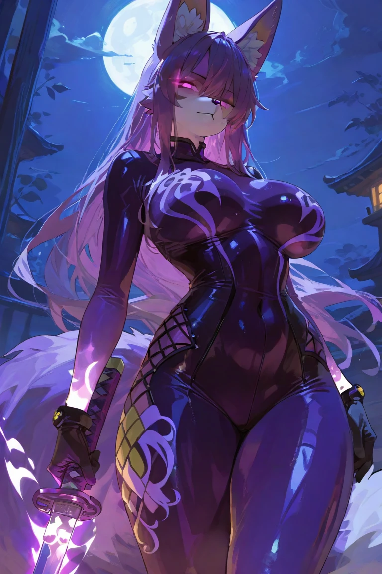 (masterpiece, high quality:1.2), illustration, 8k, high quality, 1girl, solo, full body, gloves, nude body, hairband, long hair, purple hair, star hair ornament, purple eyes, large breasts, standing