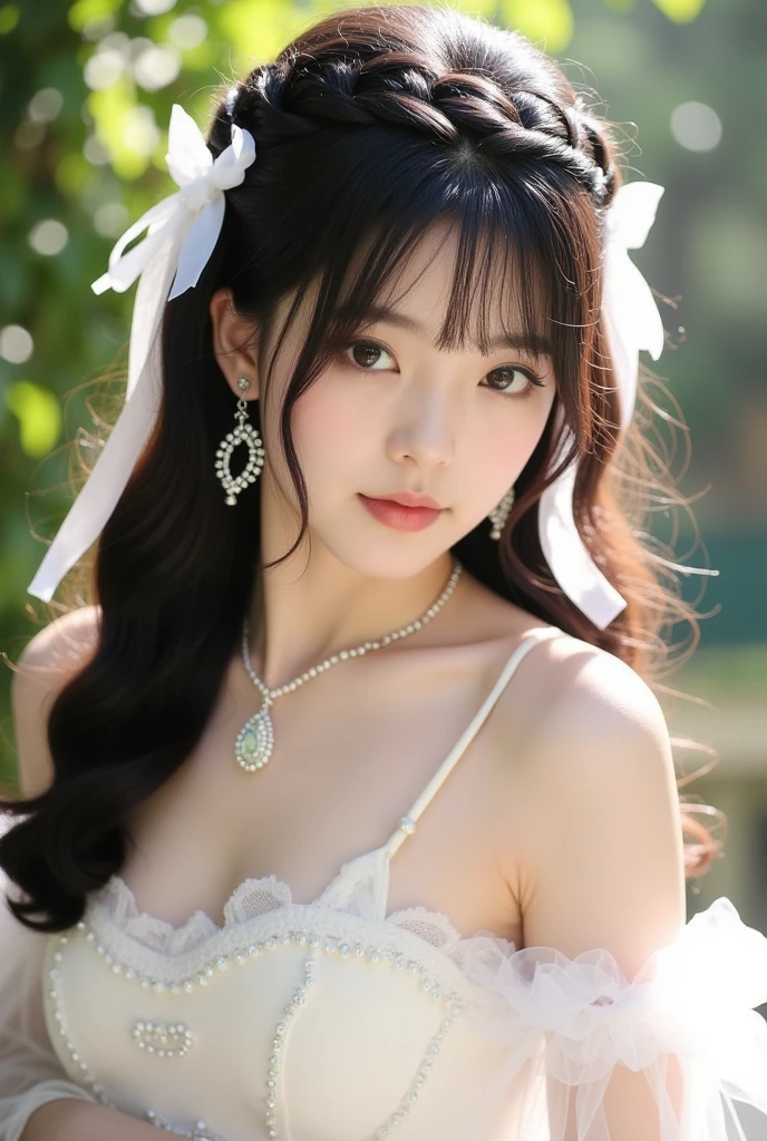 Young woman with long, wavy, pastel colored hair、Sitting gracefully in an elaborate fantasy-themed gown。Gowns、white、black、There is a mix of red colors、Adorned with glittering embellishments and a large bow on the bust。She has big fluffy cat ears on her head、Matching soft and fluffy tail。Her eyes are large and expressive、A calm and attractive look。The scene is softly lit with a magical, dreamy atmosphere.、It highlights her smooth skin and the intricate details of her outfit。She accessorized with delicate jewelry, including a butterfly hair clip.、It adds to the whimsical nature of her look.。The background is soft and blurry、Enhances the ethereal feel of the image。
Large Breasts、Sexy pose、Large Breasts、