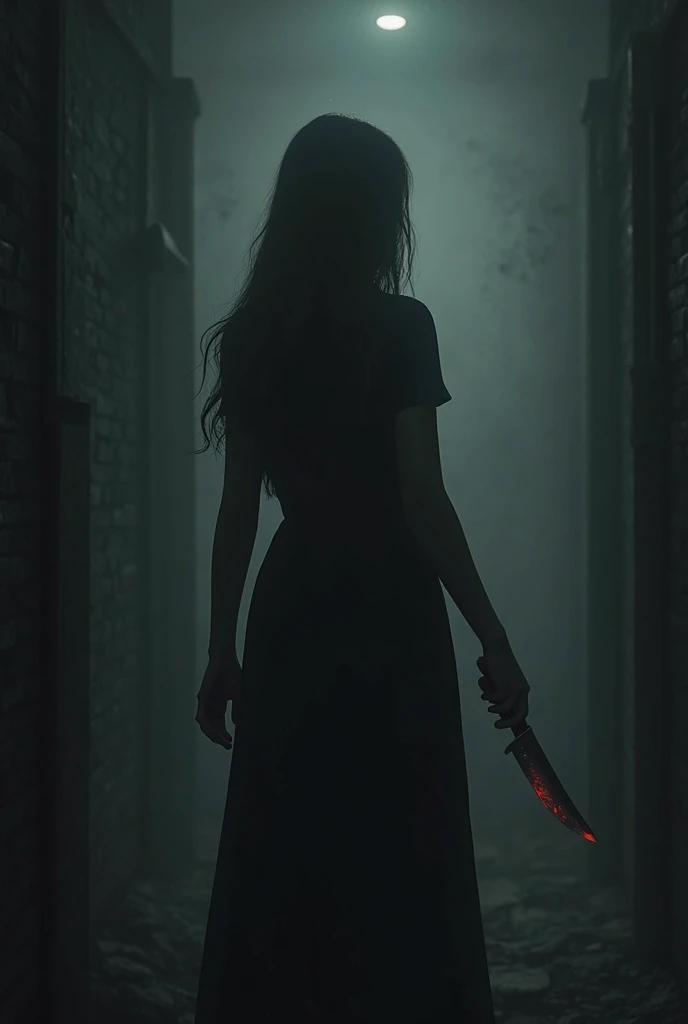 A back see girl with the knife her the blooded background