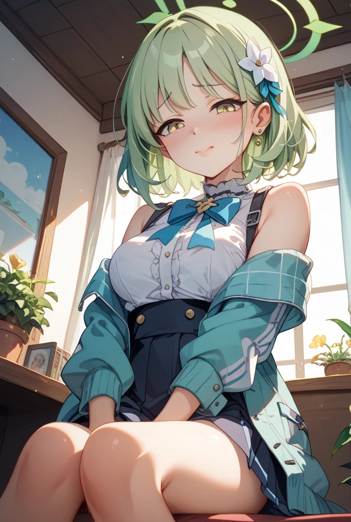 <lora:spark_anime_style_v1-000006:0.5>nipple chain, masterpiece, best quality, ultra-high-detailed, 1girl,Mion Sonozaki, green hair, green eyes, ponytail, jeans