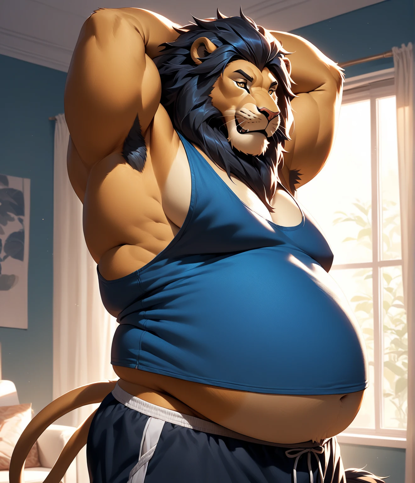 a very obese male lion with a long blonde mane, extremely detailed eyes, extremely detailed paws, long fur, very hairy, a big and extremely fat belly, very muscular arms, wearing a tight jockstrap, watching TV in a luxurious room, just face portrait, face portrait realistic, realistic, photorealistic, 8k