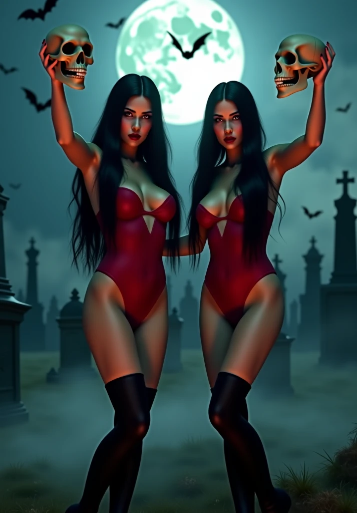 sexy vampirella wearing a deep V red swimsuit, nighttime in graveyard, oily shiny skin, (red eyes) athletic and fit body, naughty, slutty, perfect hands, detailed hands, perfect eyes, detailed eyes, flirty, sexy, naughty, large perky , realistic, HDR, UHD, dynamic, front view, dark outside. crescent moon, glowing red eyes, grabbing her breasts, squeezing breats