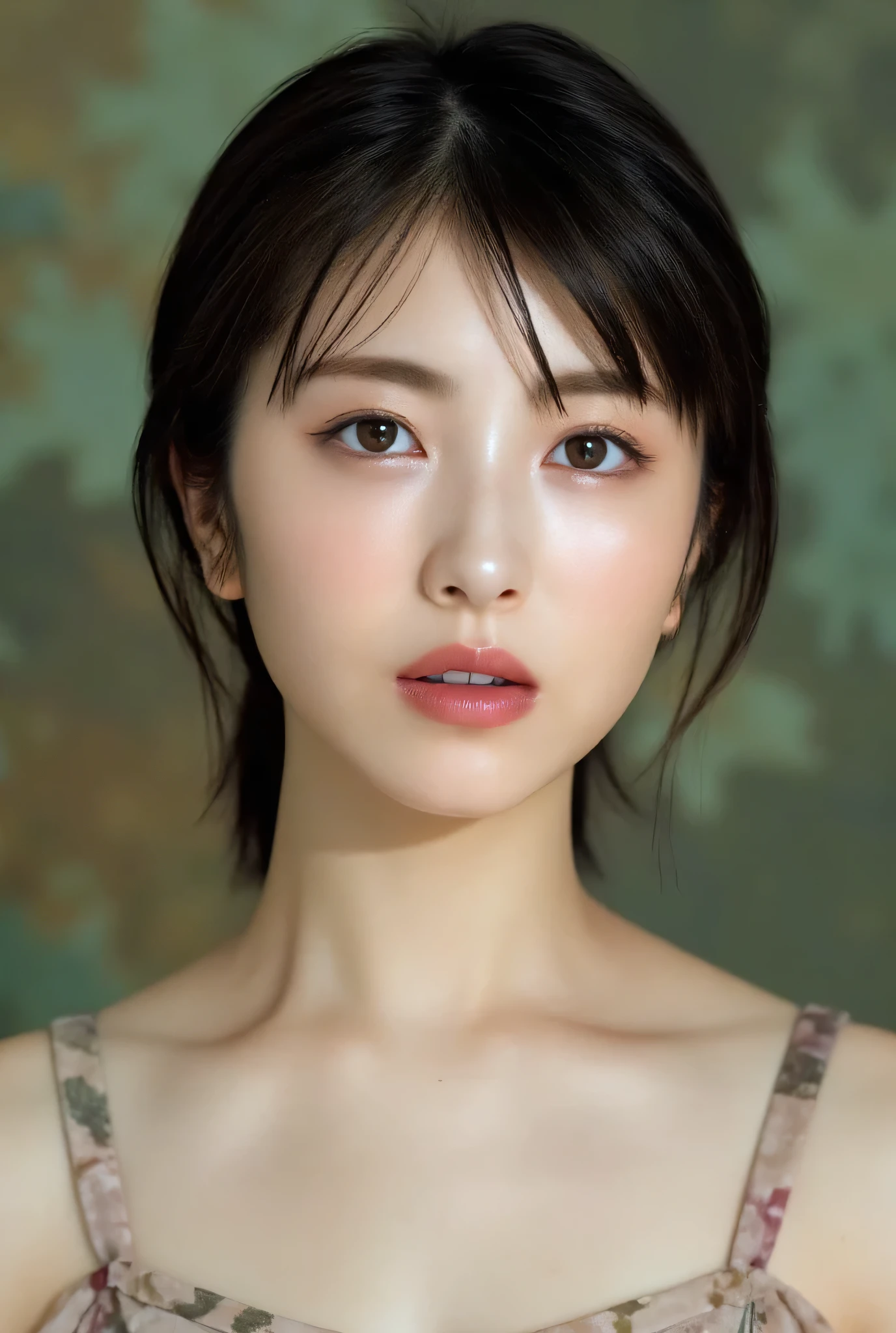 (medium full shot), beautiful korean girl, bokeh lights background, studio lighting, wearing bohemian dress with floral pattern, dslr, soft lighting, high quality, film grain, light reflections, blood vessels, pale skin, skin pores,blood vessels in sclera, detailed skin, beauty spots, skin fuzz,