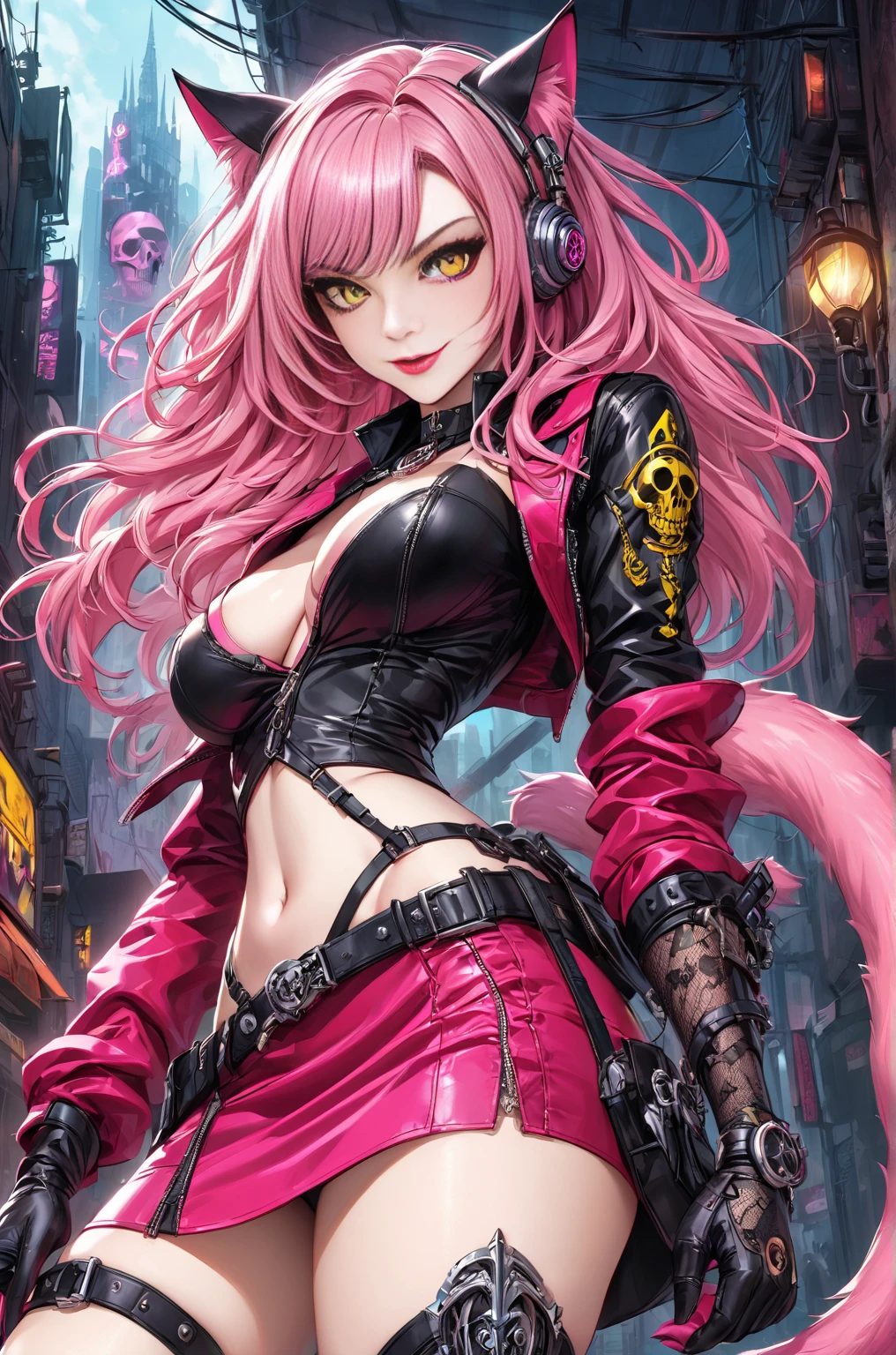 cyberpunked　Red leather jacket　Kizi　smil　beste-Qualit　​masterpiece　Super-High Resolution　Pink hair　Red bodysuit　leather pant