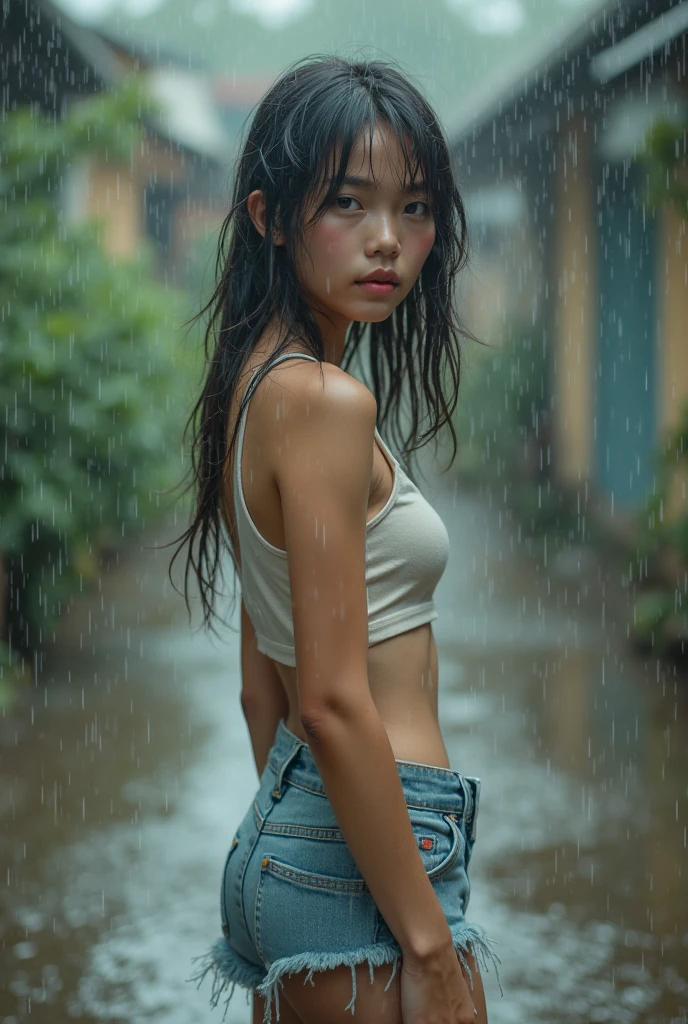 Cinematographic debut, Ultra realista, RAW Camera, Beautiful woman, cabelo ruivo detalhado  , wet lips very detailed , sexy position , olhos verdes , sardas no rosto detalhado  , Torn pants , mini blusa  molhada , tudo detalhado , muito detalhado, fundo ruas de Tokyo , wet floor , luzes noturnas , suburb of Tokyo, 8k