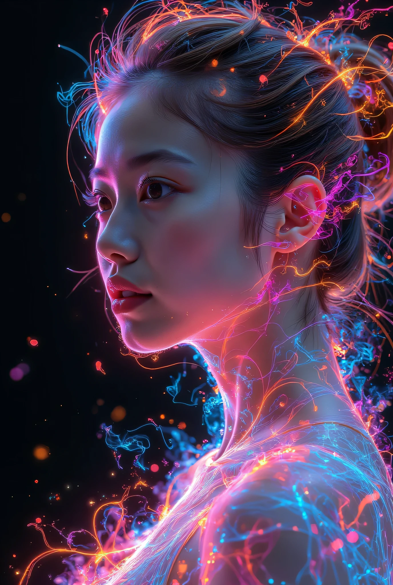 masterpiece, best quality, highly aesthetic, abstract, young woman, vibrant digital art, anime-style character, swirling neon colors, abstract shapes, psychedelic, intricate details, cyberpunk aesthetic, glowing elements, electric blue, hot pink, neon yellow, black background, surreal, dynamic composition, flowing lines, futuristic, eye-catching, high contrast, vivid, dreamy, otherworldly, highly detailed, surreal, 8k, dynamic angles, illustration, intricate details, masterpiece, highly aesthetic, absurd,, masterpiece, best quality, amazing quality, bewitching, sexy, erotic, beautiful woman, accurate and perfect human anatomy, shot from the knees up, beautiful face, detailed and perfect face, perfect proportions, huge breasts, thin waist navel, crotch gap, sexy thighs, dynamic pose, changing pose, dynamic angle, changing pose, dynamic angle,