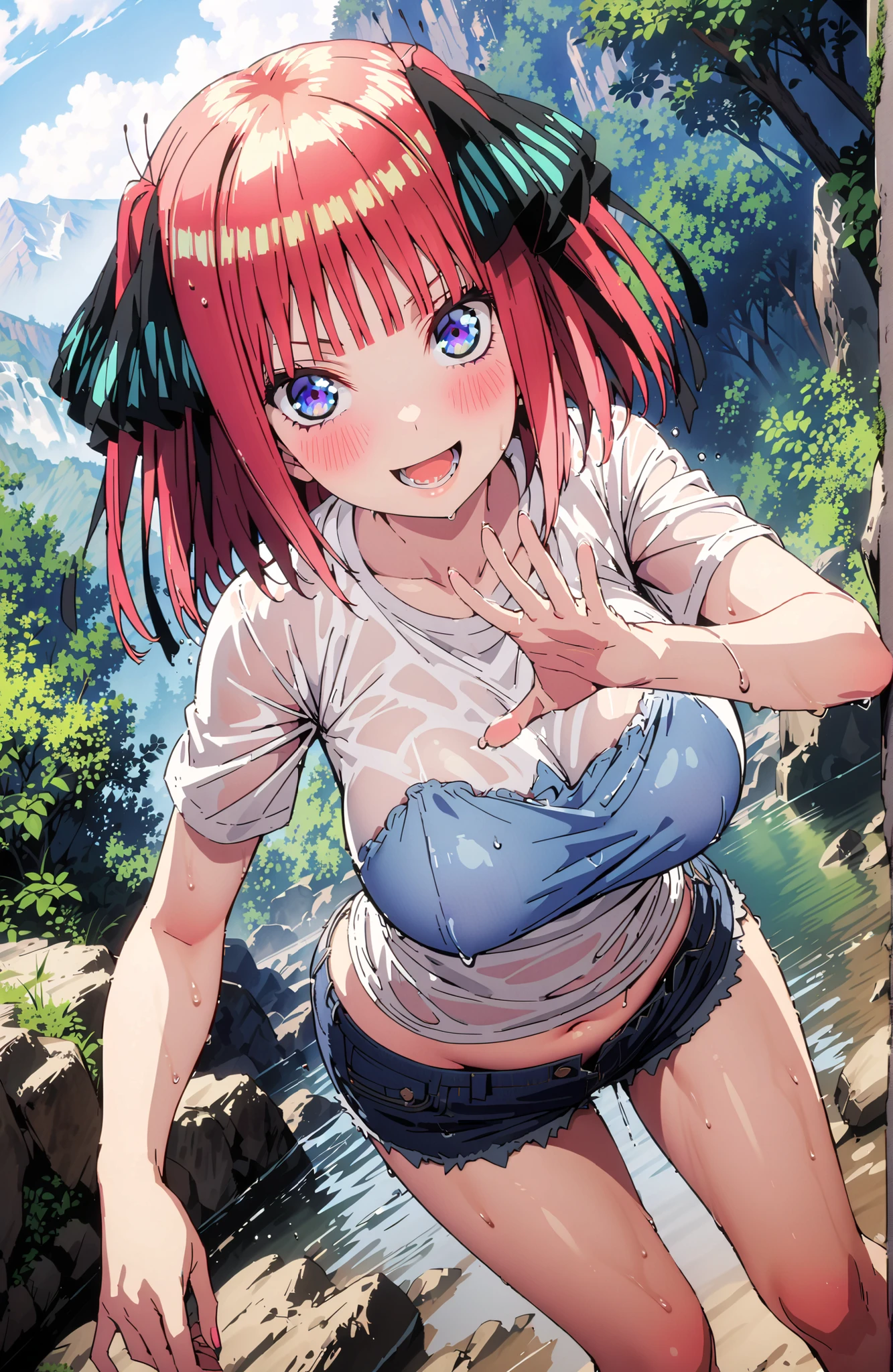Nijino Nino , solo,short hair, bungs, blue eyes, hair ornament, hair bow, pink hair, blunt bungs, two side up, butterfly hair ornament,Big Breasts,smile,blush,opens his mouth,White T-shirt,see through,Tie the hem of a t-shirt,belly button out,denim micro shorts,Bare legs,Submersion,wet hair,wet clothes,wet skin,river遊び, playing in the water,Mountain,river,forest,standing,Glowing Skin,angle from below,I'm scooping up water with both hands,Water is being poured on viewers,full bodyがイラストに入るように,in their 40s looking at viewer,full body,
in their 40s outdoors,nature,
in their 40s (masterpiece:1.2), best quality, high resolution, Unity 8Kの壁紙, ( illustration :0.8), (beautiful detailed eyes:1.6), very detailed face, perfect lighting, very detailed CG, (perfect hand in h, perfect anatomy),