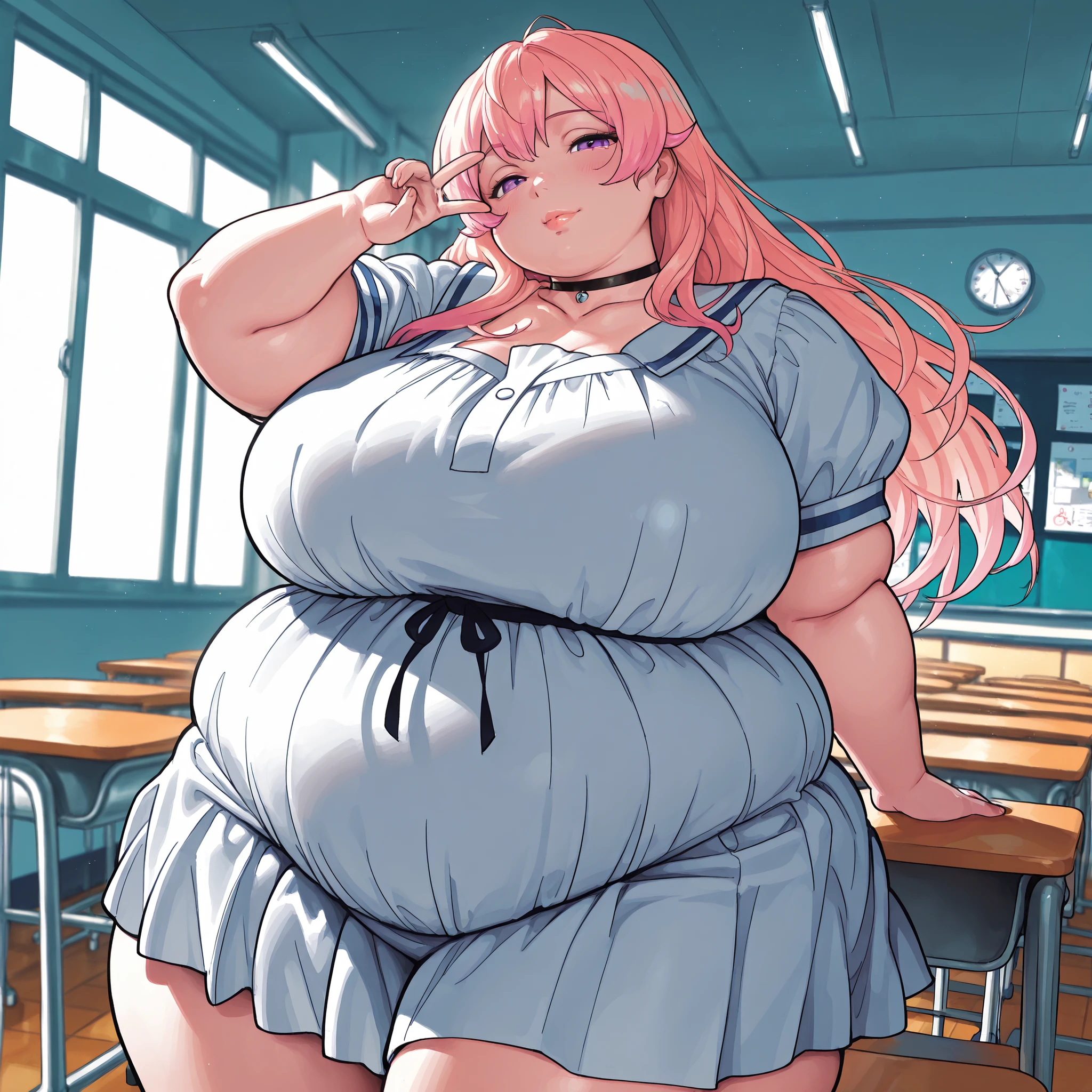 1 woman, beautiful mature woman, attractive detailed face, delicate facial features, detailed skin, huge breasts, looking seductive, ultra-detailed, (best quality,4k,8k,highres,masterpiece:1.2), cinematic lighting, octane render, 8k uhd, extremely detailed, intricate details, hyper realistic, high definition, sharp focus, ,compositionmuted colors, skin pores, score_9, score_8_up, score_7_up, (cowboy shot, dutch angle:1.2), 1girl,
school desk, in school, crowded classroom, V,
nicowakatsuki, long hair, pink hair, purple eyes, choker, dress, (negative_v2 Color_Balance_Calibration:0.8), negativeXL_D, aidxlv05_neg, Stable_Yogis_Animetoon_Negatives, chubby, chubby girl, curvy, large breasts, lips, plump, thick thighs, thighs, (((oversized gigantic stomach)), curvy, large breasts, lips, plump, thick thighs, thigh, immobile