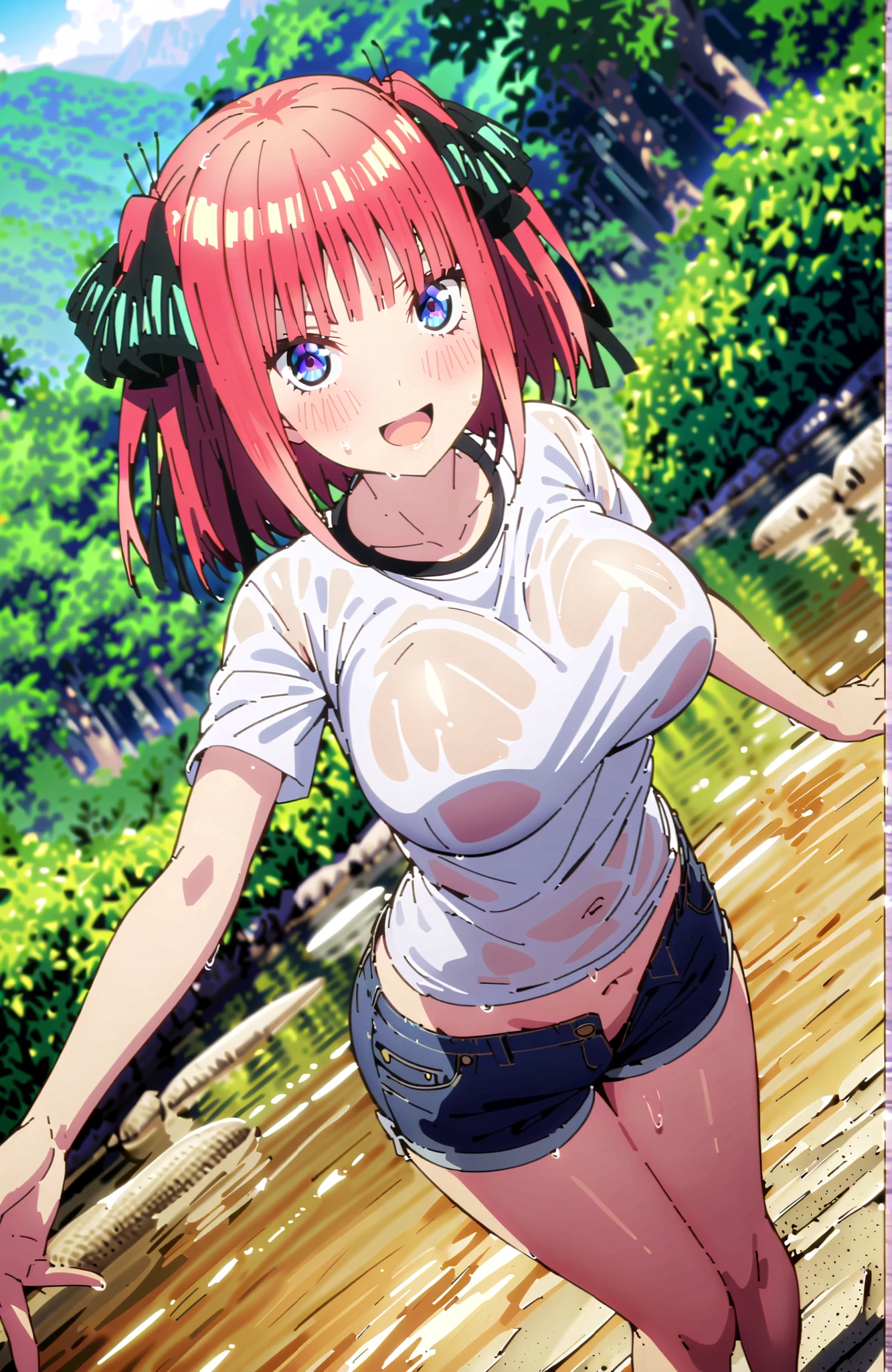 Nijino Nino , solo,short hair, bungs, blue eyes, hair ornament, hair bow, pink hair, blunt bungs, two side up, butterfly hair ornament,Big Breasts,smile,blush,opens his mouth,White T-shirt,see through,Tie the hem of a t-shirt,belly button out,denim micro shorts,Bare legs,Submersion,wet hair,wet clothes,wet skin,river遊び, playing in the water,Mountain,river,forest,standing,Glowing Skin,angle from below,full bodyがイラストに入るように,in their 40s looking at viewer,full body,
in their 40s outdoors,nature,
in their 40s (masterpiece:1.2), best quality, high resolution, Unity 8Kの壁紙, ( illustration :0.8), (beautiful detailed eyes:1.6), very detailed face, perfect lighting, very detailed CG, (perfect hand in h, perfect anatomy),