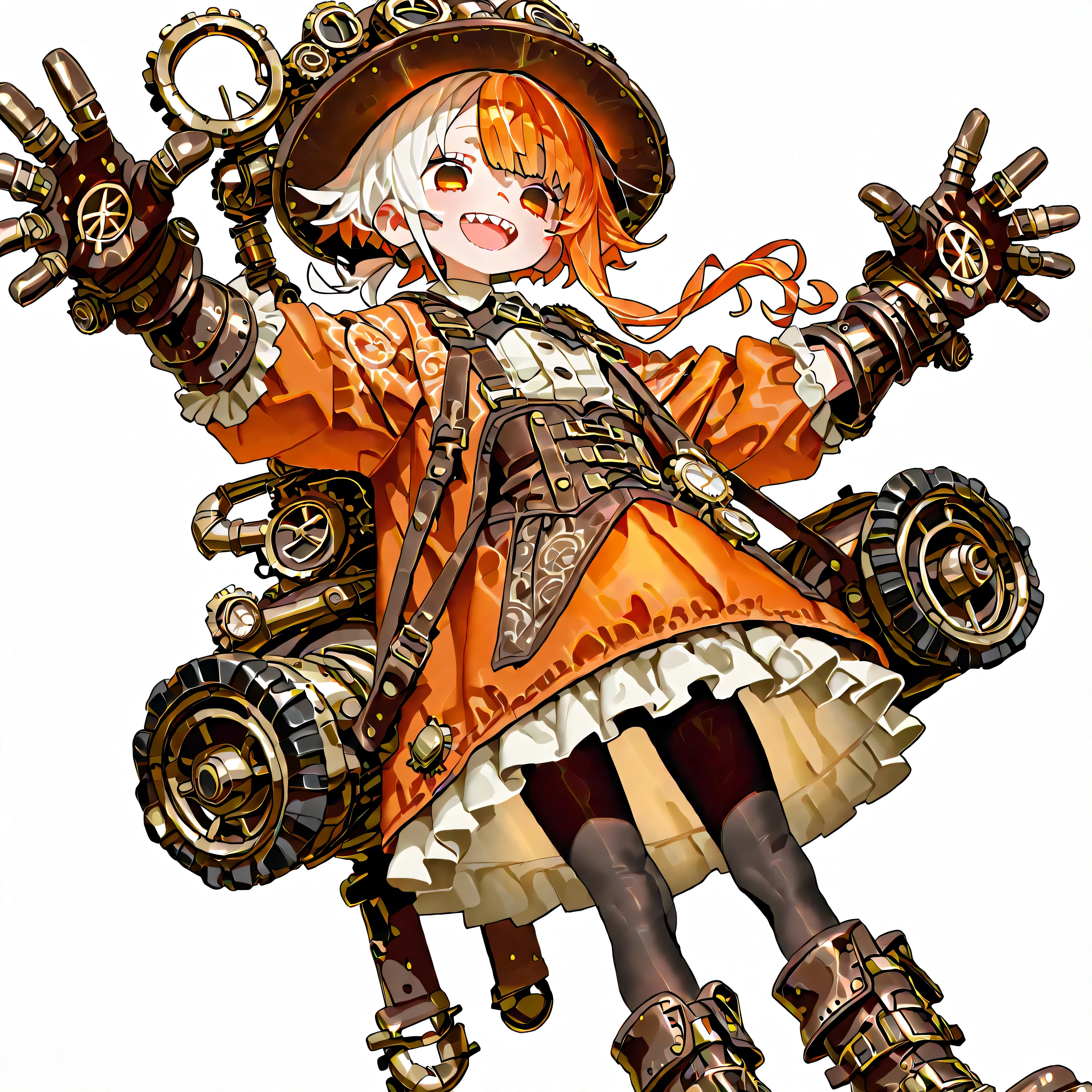 high resolution、High Quality、Shortcuts, low ponytail 、 white hair、orange hair、 stupid hair、Black Pantyhose 、casual boyish steampunk attire、double teeth、solo、thick soled boots、 asymmetric hair 、 simple eyes 、white background、standing、{{{Extremely big steampunk gloves}}}、hat、