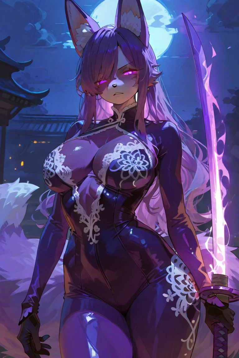 Shion's character from the anime "That Time I Got Reincarnated as a Slime" in an ultra-realistic version. She has dark purple straight hair, with a single purple horn on her forehead. His skin is white, lips red and eyes purple. She is a beautiful woman, slender and well proportioned as a model with a height of 170 cm. Shion received a kimono that turned purple to match her aura, purple jumpsuit glued with a long and provocative neckline, (very sensual, provocative long neckline, large voluminous and pointed breasts, thin waist), (a forest in the background, village, open field, night, dawn, fog, fog in the background), (masterpiece, depth of field, professional lighting, Full HD, sharp face, realistic photography, real world, super detailed) portrait style.