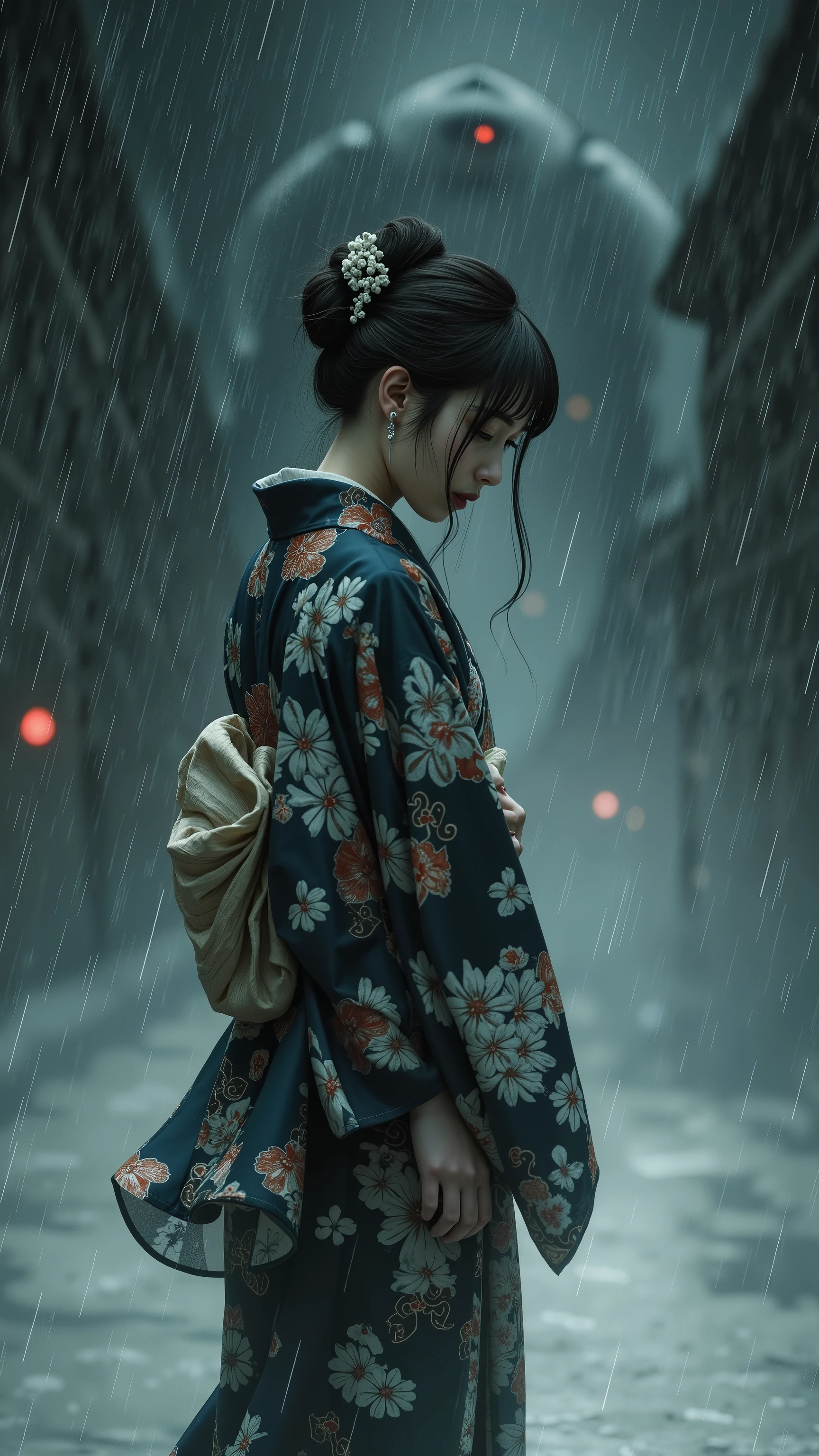 Ukiyo-e風アレンジ: Rainy weather。with a touch like a specter or puppet drawn by Utagawa Kuniyoshi、A woman in kimono is sad。A monster wobbles in the background。style: Ukiyo-e、Yo-kai painting style。
