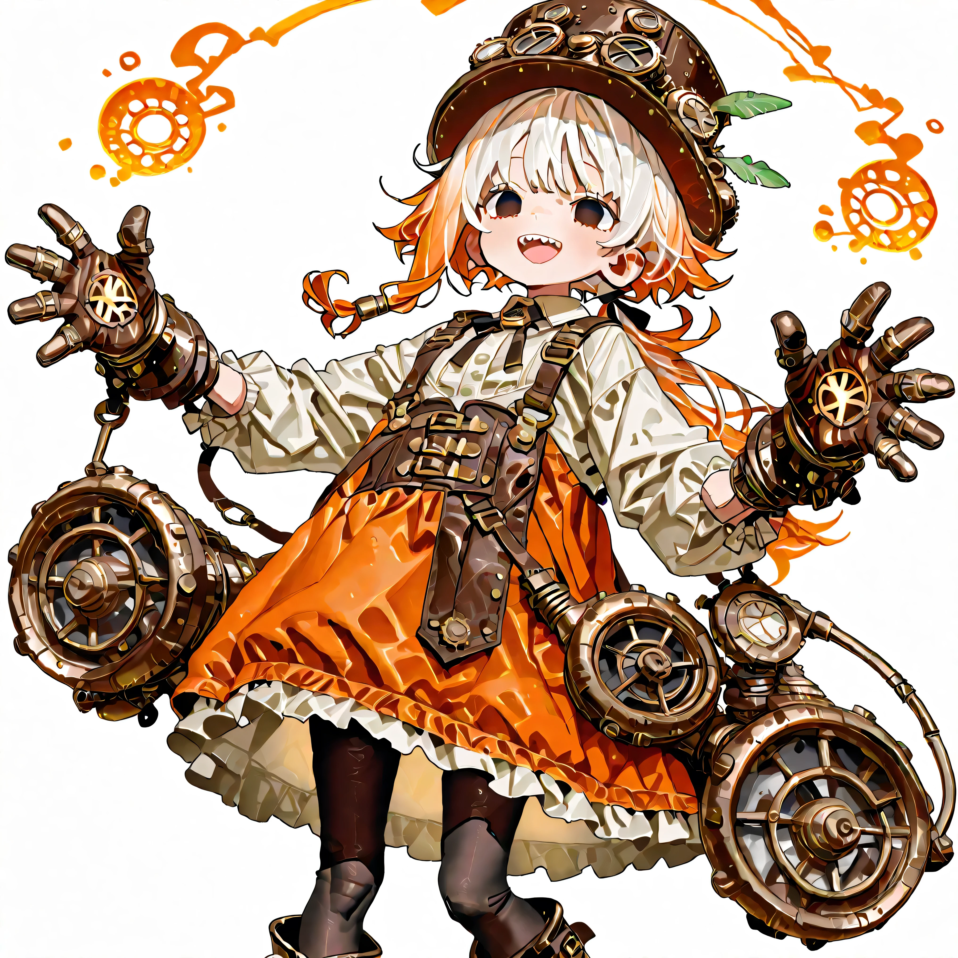 high resolution、High Quality、Shortcuts,    low ponytail  、 white hair、orange hair、 stupid hair、Black Pantyhose  、casual boyish steampunk attire、double teeth、solo、thick soled boots、 asymmetric hair 、  simple eyes  、white background、standing、{{{Extremely big steampunk gloves}｝｝、hat、