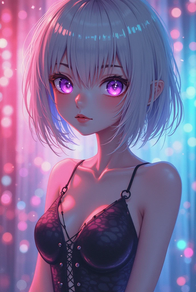Adult Anime styled girl with diamond hair, white hair, and iridescent eyes