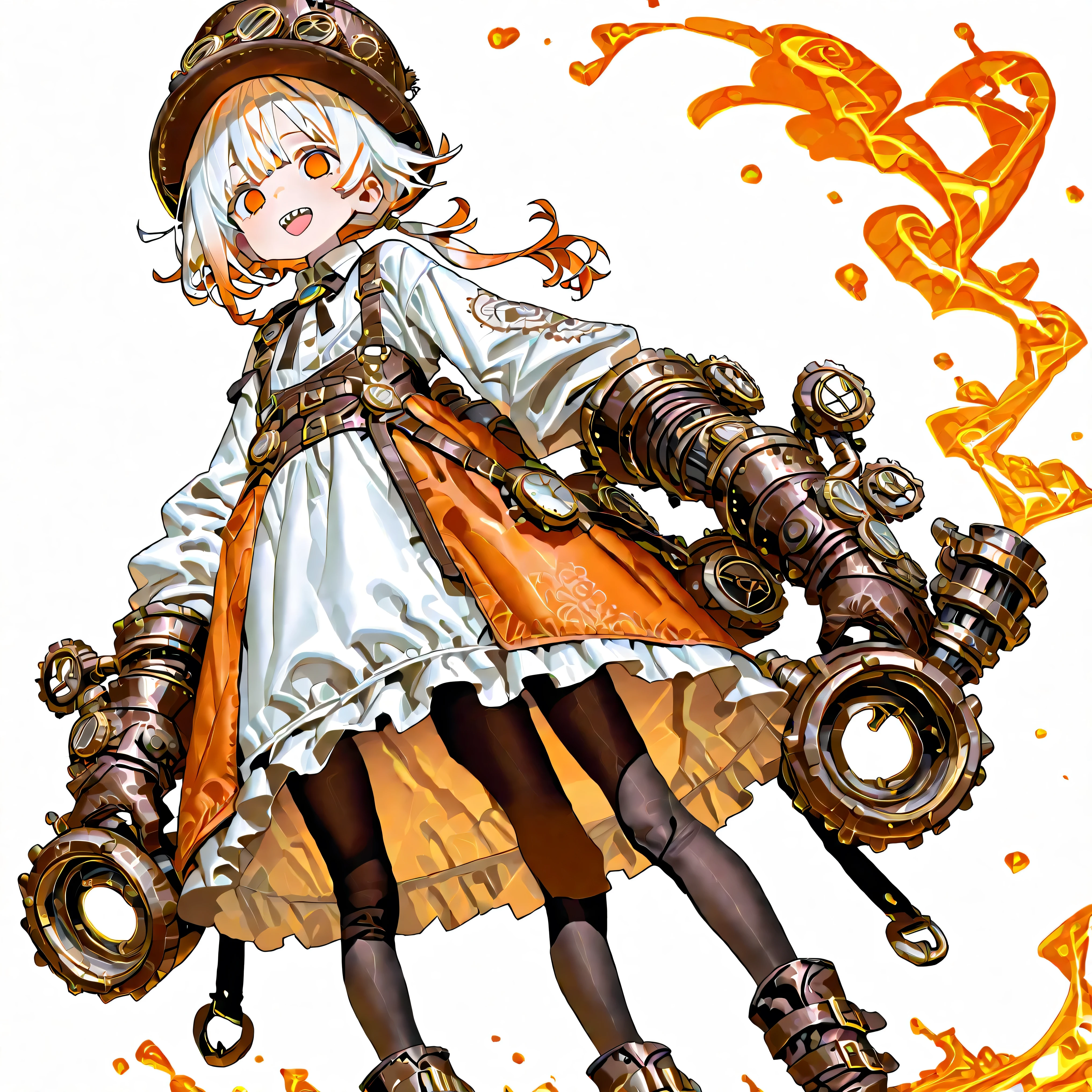 high resolution、High Quality、Shortcuts, low ponytail 、 white hair、orange hair、 stupid hair、Black Pantyhose 、casual boyish steampunk attire、double teeth、solo、thick soled boots、 asymmetric hair 、 simple eyes 、white background、standing、{{{Extremely big steampunk gloves}}}、hat、
