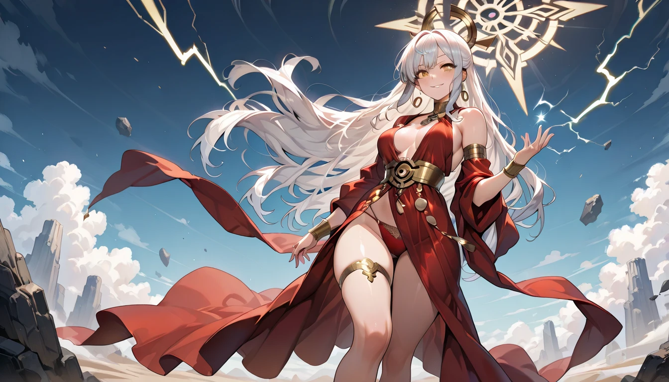 Imagine a surreal setting: a vast, almost endless desert whose golden sands gently fade into mist on the horizon. In the center of the painting rises a monumental, ancient sculpture of a female figure, whose body is made of an ethereal, otherworldly material, as if made of light itself. Her face, calm and mysterious, rises towards the sky, as if expressing deep contemplation or devotion.
Around the sculpture, in the air, float multicolored, transparent fish that seem to be swimming in an invisible ocean. Their shadows cast kaleidoscopic patterns on the sand, giving the landscape a magical depth.
In the foreground of the painting there is a figure in a red cloak, with his head bowed and his arms outstretched, as if in an act of devotion and adoration. In his hands he holds a small, pulsating ball of light that seems to emanate peace and mysterious energy.
The entire painting is permeated with a mood of mysticism, contemplation and deep reverence, creating a vision that is both beautiful and disturbing in its surreal harmony.