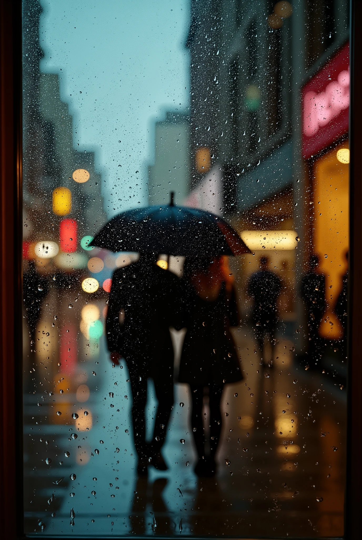 {{A ((nostalgic)) depiction of {((a foggy window streaked with rain))}} with {((silhouettes of a couple walking beneath umbrellas, seen through refracted light and water patterns))}. This is a {((romantic impressionist))}-inspired image that showcases {((texture, emotion, and natural distortion through glass))}. The environment/background should be {((urban street scene, out of focus behind wet glass))} to create an {((intimate and dreamy atmosphere))}. The image should be in the style of a {((fine art photograph))}, incorporating elements of {((Claude Monet, Wong Kar-wai, Saul Leiter))}. The {((medium shot))}, captured with a {((135mm+ short telephoto))} lens, will provide a {((shallow depth-of-field view that blurs the background into color and light))}. The lighting should be {((warm ambient evening light))}, emphasizing {((glow and color bleed through raindrops))}. The desired level of detail is {((selectively soft-focused))} with a {((high-resolution cinematic style))}, highlighting {((contrast between wet glass and bokeh in the distance))}. The goal is to create a {((timeless and emotional))} image that captivates viewers with its {((romantic nostalgia))}.