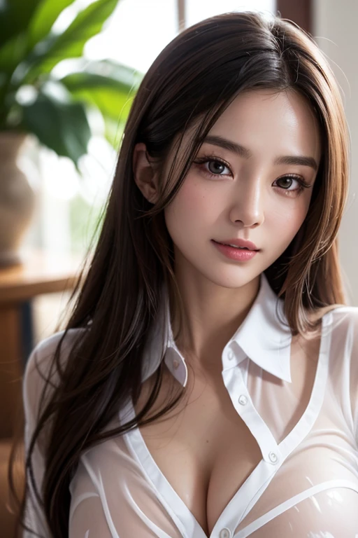 Natural strawberry blonde and redhead girls with pretty faces, Cute pose, Happy wearing a white button shirt, body, skinny, Atmospheric, Dark atmosphere, Edge lighting, Mao Akiyama、Sayaka Yamamoto、Jurina Matsui、Saito Asuka、Mao Akiyamaの顔の特徴8K, , Full body portrait, elegant, Natural light, Spooky greenhouse at night, Sharp focus, Highly detailed face, Beautiful Face, smile, Happy, K UHD, Hmph, D Cup, Beautiful and soft skin, Vibrant Skin, Photorealism, Unbutton a white shirt, Cleavage, Detailed eyes and face, Professional photography techniques, , The optimal ratio is four fingers to one thumb, Perfect proportions