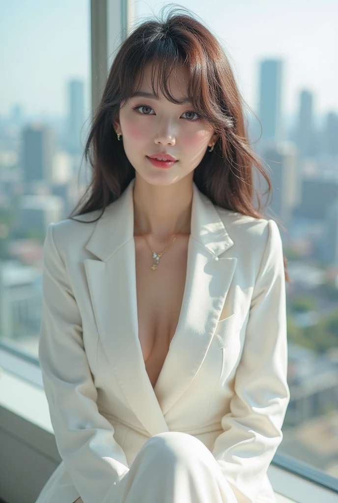 Tabletop, highest quality, figure, Super detailed, In detail, High resolution, 8k wallpaper, Perfect dynamic composition, Beautiful fine details, Natural Lip,blazer ,, Cleavage, whole body、night、City
