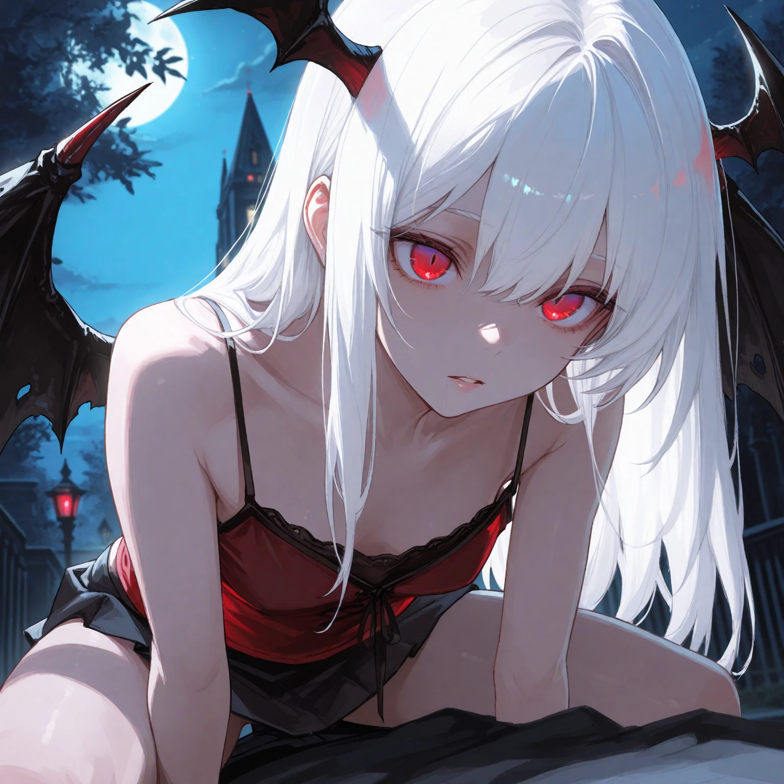 1girl,red eyes,solo,wings,pointy ears,bat (animal),short hair,vampire,colored skin,detached sleeves,looking at viewer,colored sclera,twintails,white hair,hair between eyes,bat wings,bare shoulders,bow,night,two side up,open mouth,