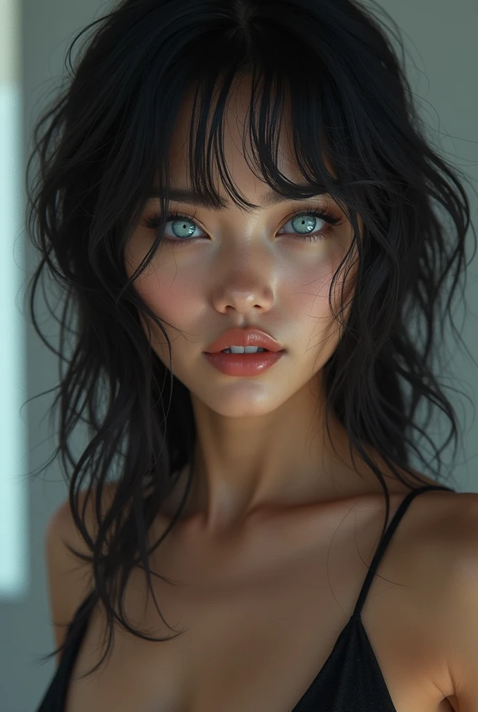 masterpiece,(best quality,top quality,8k),realistic,photorealistic,detailed eyes and face,young,18y,(1girl), blue eyes, black hair, messy hair, short hair, hair between eyes, goth, gothic, choker, (thick lips:1.2),soft smile, (black bikini,small breast), pretty girl, beauty skin, ultra high res, raw photo , detailed body ,(puffy eyes) ,good contrast , high sharpness,(gorgeous),realistic,RAW Photography,(hyperdetailed:1.2)