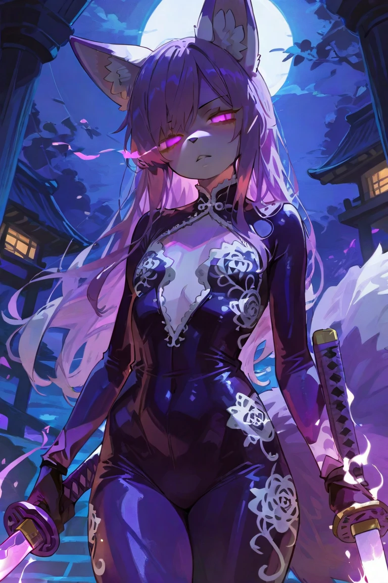 ((Cinematic light, Best quality, 8k, Masterpiece :1.3)), 1girl, Beautiful woman with thin abs :1.4, (light grey hair, small breasts :1.3), hopefully falling, seductive open lips, ultra-detailed face, detailed eyes, double eyelidwork, best quality, hair flower, dark purple body painting, ((calango tail)),((goth)), steamy, sexual teasing, jojo position, hands shining purple, (((black makeup))), light grey skincolor, grey skin, unusual skincolor, ((pale white skin)), black bodypaint, ((black crop top)), jojo pose, ((black shorts)),