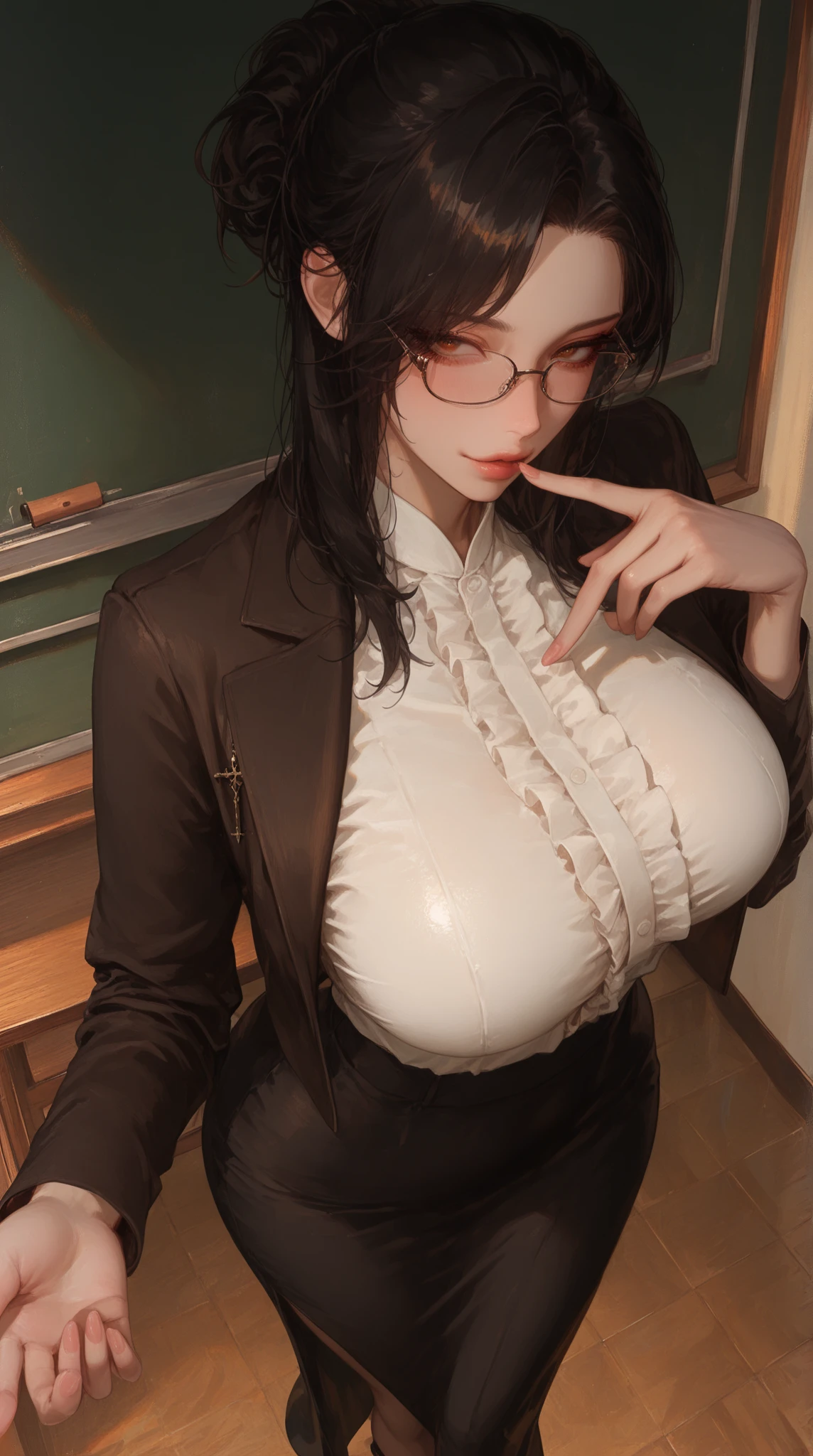 sexy lawyer, elegant business skirt, Black blazer, white dress shirt, Tight skirt, Reading at your desk, in library, Big, neckline, perfect hands perfect fingers perfect breasts perfect fit perfect body perfect face perfect image realism detailed bottom micro bikini, bloomed shirt, Lewd librarian, hyperrealism, photorealistic, unreal engine, 3dcg, Octane representation, Highly detailed 8K maximum resolution, sweater dress, professional, breasts about to burst from her clothes, Horse tail