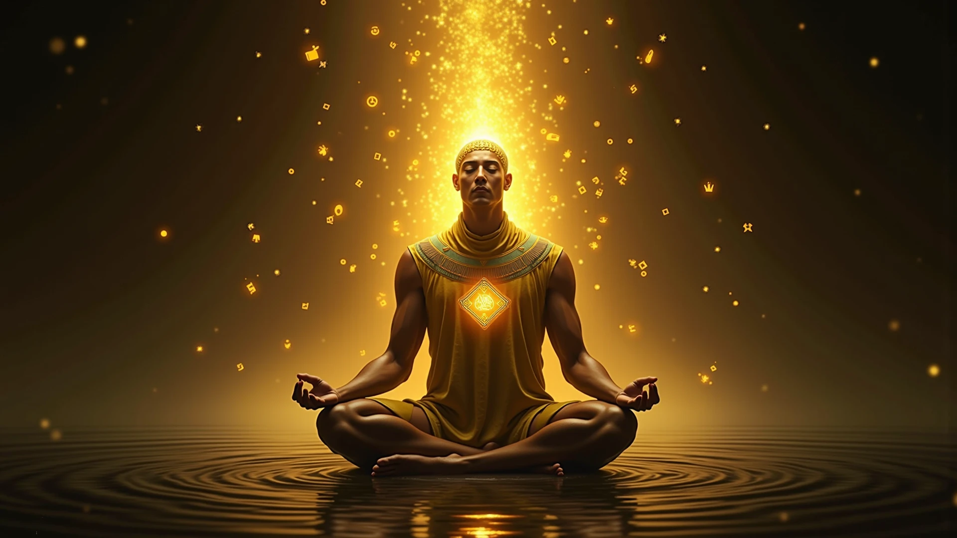 a man in a meditation pose, yoga, sitting, in connection with the divine, the planet Mercury in prominence, astral, capricorn horoscope symbol, chiaroscuro lighting, moody atmosphere, highly detailed, cinematic, dramatic lighting, atmospheric, photorealistic, hyper detailed, award winning, masterpiece, 8k, sharp focus, physically-based rendering, vibrant colors, intricate details