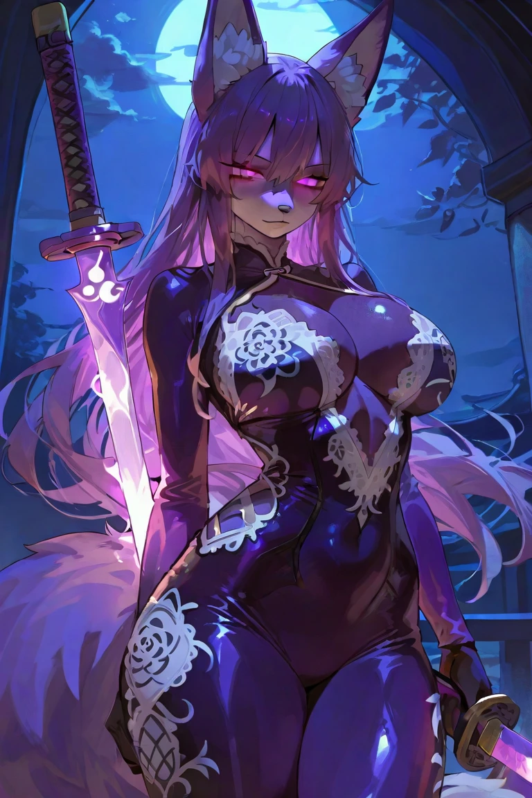 make a magic, in a sexy black outfit, with a staff of purple power, sexy clothes, sadomasochist, exhibitionist, showing the vagina, tongue sticking out, and naughty face, gargantuan , greeneyes, whore