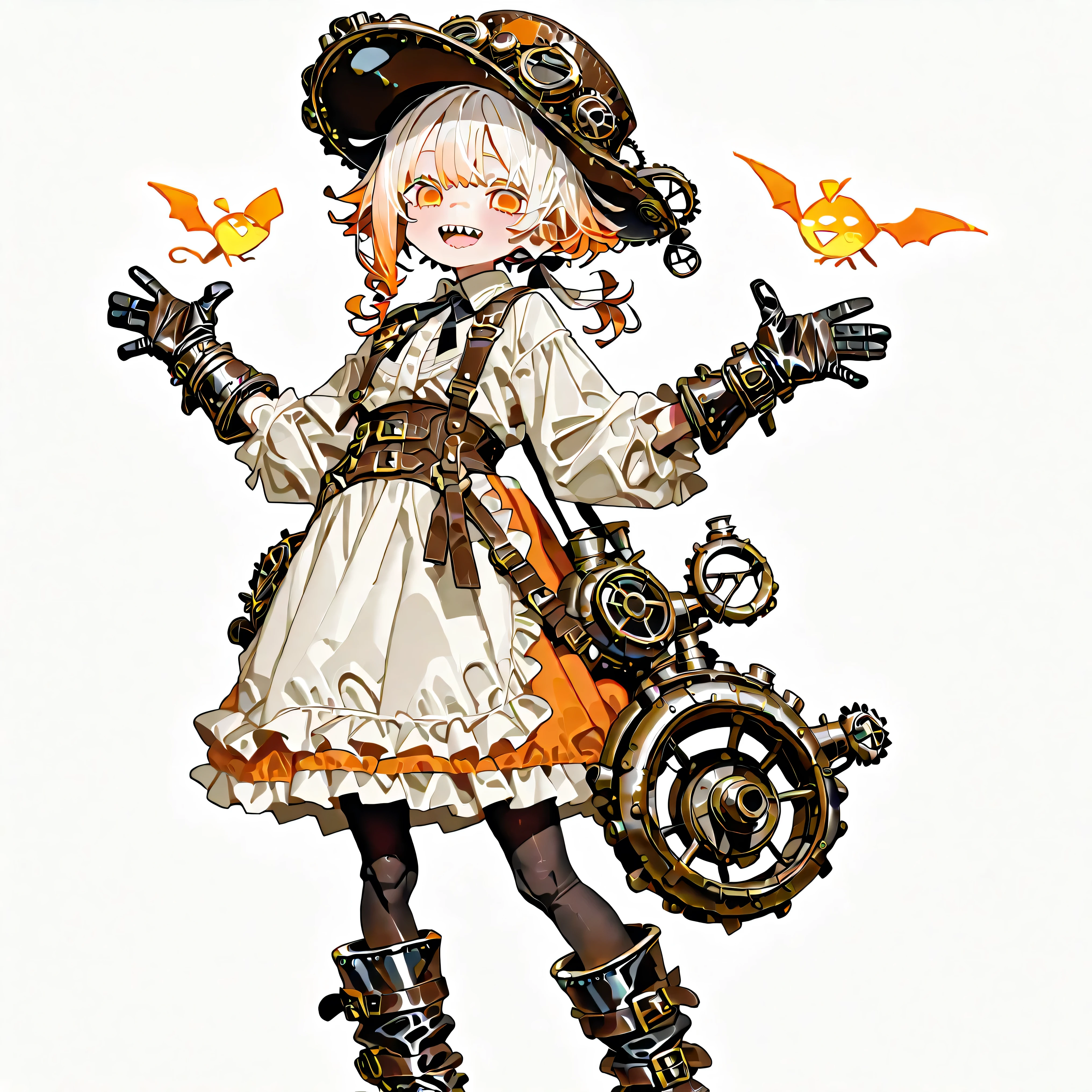 high resolution、High Quality、Shortcuts, low ponytail 、 white hair、orange hair、 stupid hair、Black Pantyhose 、casual boyish steampunk attire、double teeth、solo、thick soled boots、 asymmetric hair 、 simple eyes 、white background、standing、{{{Extremely big steampunk gloves}}}、hat、