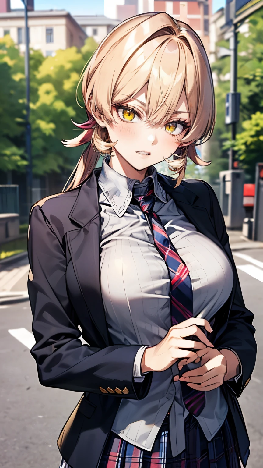 (masterpiece:1.3, best quality, ultra high resolution, Super Details), (realistic, photorealistic:1.3), beautiful illustration, perfect lighting, natural light, colorful, depth of field, 2025's      , , 
Beautiful Delicate Hair, beautiful detailed face, Beautiful Tourist Destination Details, (perfect anatomy, anatomically accurate, Super Detailsスキン), Pink Skin, shiny skin, 
stares at viewers, (face focus, upper body), 1 GIRL ON BREAKDAY, high school girl, cute and symmetrical face, perfect face, perfect eyes, perfect body, babyface, cute face:1.2, Tiny, 
(middle hair, twin tail, Long Side Lock, light brown hair),   jewelry showing her bang  , orange eyes, big eyes, long eyelashes, (medium bust, narrow west      , sensual thighs), skin dentation, 
(detailed fabric texture), 40s ((uniform, Dark Blue Plaid Pleated Skirt, long sleeve, dark blue blazer)), 40s ((dark green plaid tie)), 40s (white collared shirt), 40s school bag, 
(beautiful scenery), summer, evening, Detailed Background, (school gate:1.5), walk, (pose with movement), (    彼女の 彼女の highlight her sexy breasts     、    彼女の highlight her sexy breasts    、    highlight her sexy breasts   、   highlight my sexy breasts  、   let me eat 、 nice smile, Shy Butts, , parted lips),