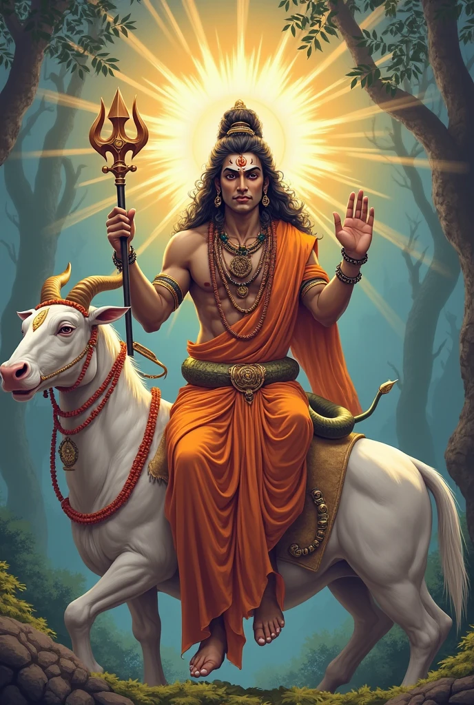 Ultrarealistic portrait photograph of Hindu god shiva with horn, (((Hinduism))), nature background surrounded by animals