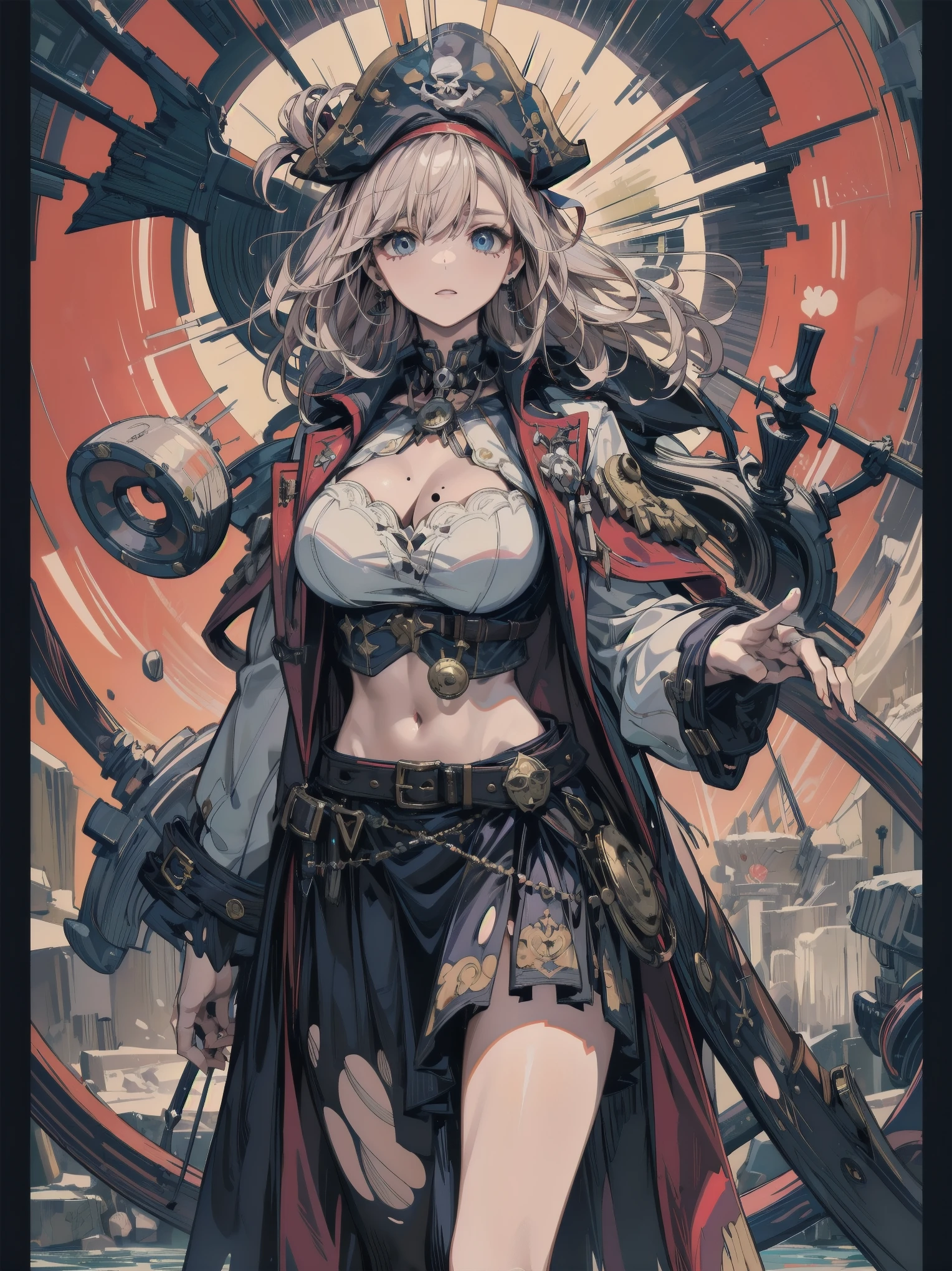 (Practical pirate clothing), Long-sleeved pirate top, Skirt, torn pirate hat, absurdres, RAW photo, extremely delicate and beautiful, masterpiece, Best Quality, ultra high resolution, 32k, hyperrealistic, ultra-detailed, detailed description, pale skin, 20 years old, tearful mole, earring, big tits, short medium hair, wavy hair, whole body shot,