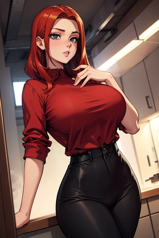 (Uhd, Masterpiece, Textured Skin, Super Detail, High Details, High Quality, Best Quality), Detailed Face, 1woman, mature pretty woman, Long red hair, (black sweater), (black pants), (Huge Body:1.5, tall), standing, (Low-sized breasts), (Office room)