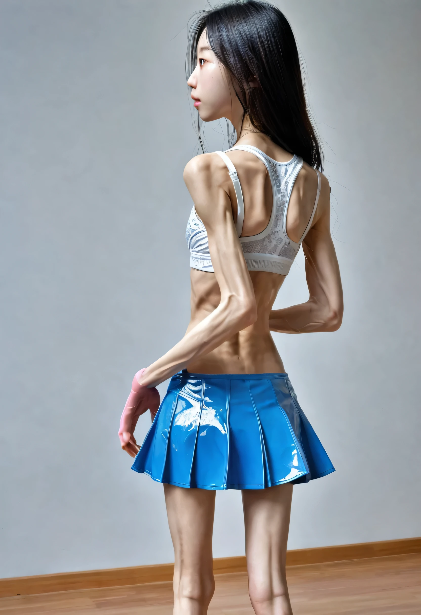 (Photorealistic),(Masterpiece),(ultra-detailed), a full body shot of the backside back of a very beautiful, very extremely veiny and extremely thin tiny tiny small small anorexic emaciated young elementary school Japanese Japanese girl who is literally just skin and bones because of being severely malnourished and looks so fragile and delicate and has large expressive eyes, can see all her bones, she has very small and thin body frame and veiny legs, short mid section, very extremely veiny arms, extremely slender thin build, large head, sitting, wearing a bra and short skirt and short boots. She has Flexed lean veiny slender muscles. Flexed lean veiny slender muscles. Lean veiny slender muscles. Very Large head and long open open hair open hair open hair open hair open hair covering part of face. short legs. Veiny Sweaty sweaty oily oily glossy glossy skin. Very lean oily glossy muscles. Wearing a bra and short skirt and short boots. Wearing combat gloves. No nude. No nudity. Flexing muscles. Flexing muscles, muscular legs, calves and thighs. Muscular calves, Muscular thighs, muscular quadriceps. Muscular arms and biceps. Outdoors. Shoulder blades. Back side.