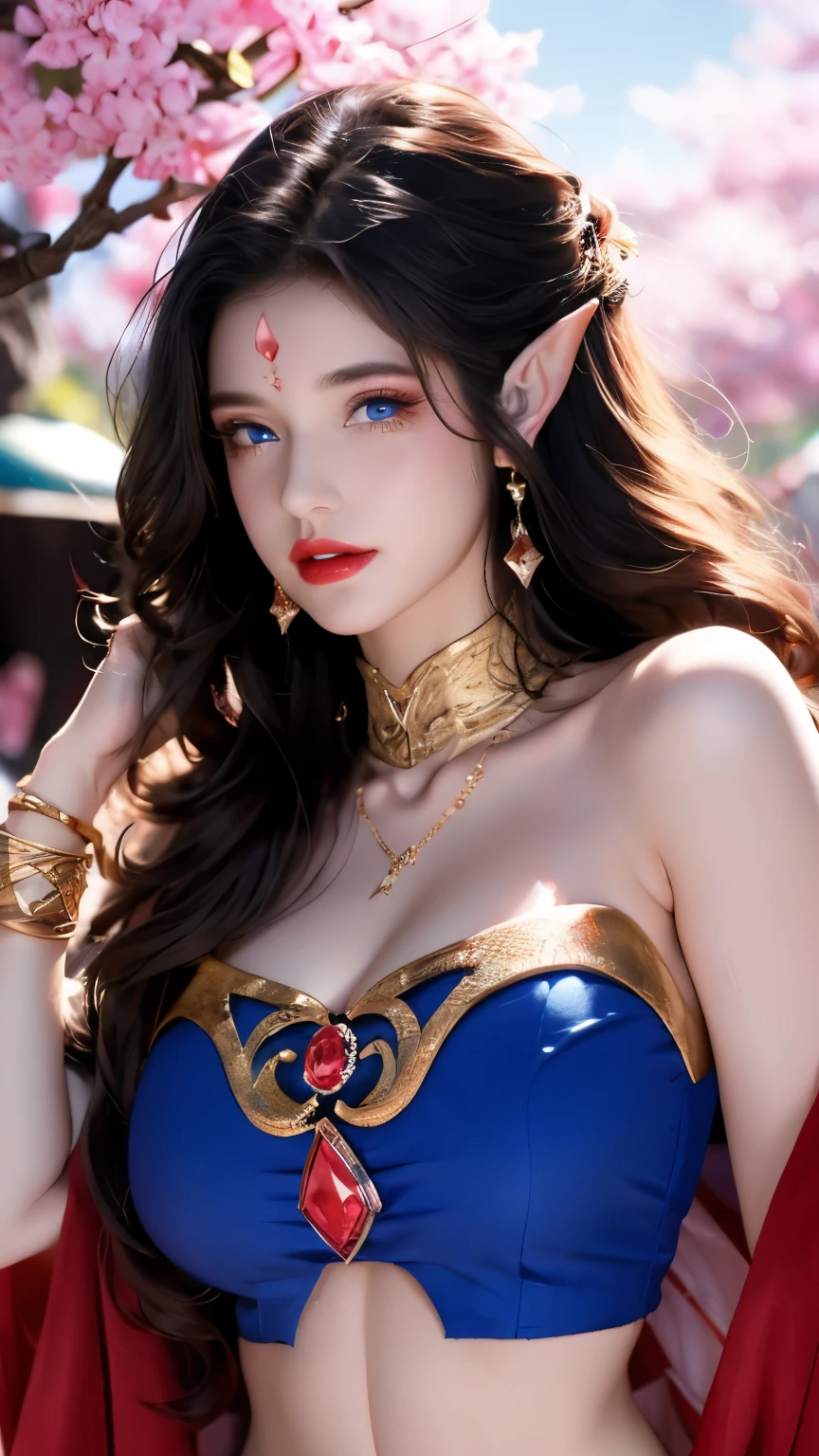 One 20 year old girl, breast 1.1, navel,upper body,bare shoulders,wears tube top,red skirt, blue gems,shiny skin,hand in own hair,(mature female),milf, medusa, deep blue eyes, jet black long hair, 8k resolution high quality,background: around the garden surrounded by Sakura trees with fluttering sakura petals, from head to thighs, hourglass figure, bare round shoulders, exposed midriff, a tilak on her forehead,ornamental logo on her forehead, snake crown, necklace, earings with blue gem, long black hair bangs, pointy ears,golden bracelet,Bright lightening under the sun through sakura canopy. High quality 16k resolution,( HDR :1.5), cinematic look, ultra-detailed,ultra lightening, (photorealistic :1.2), long thin straight eyelashes, dense black eyelashes,sharp eyes, diamond shaped head, straight nose, closed heart shaped lips