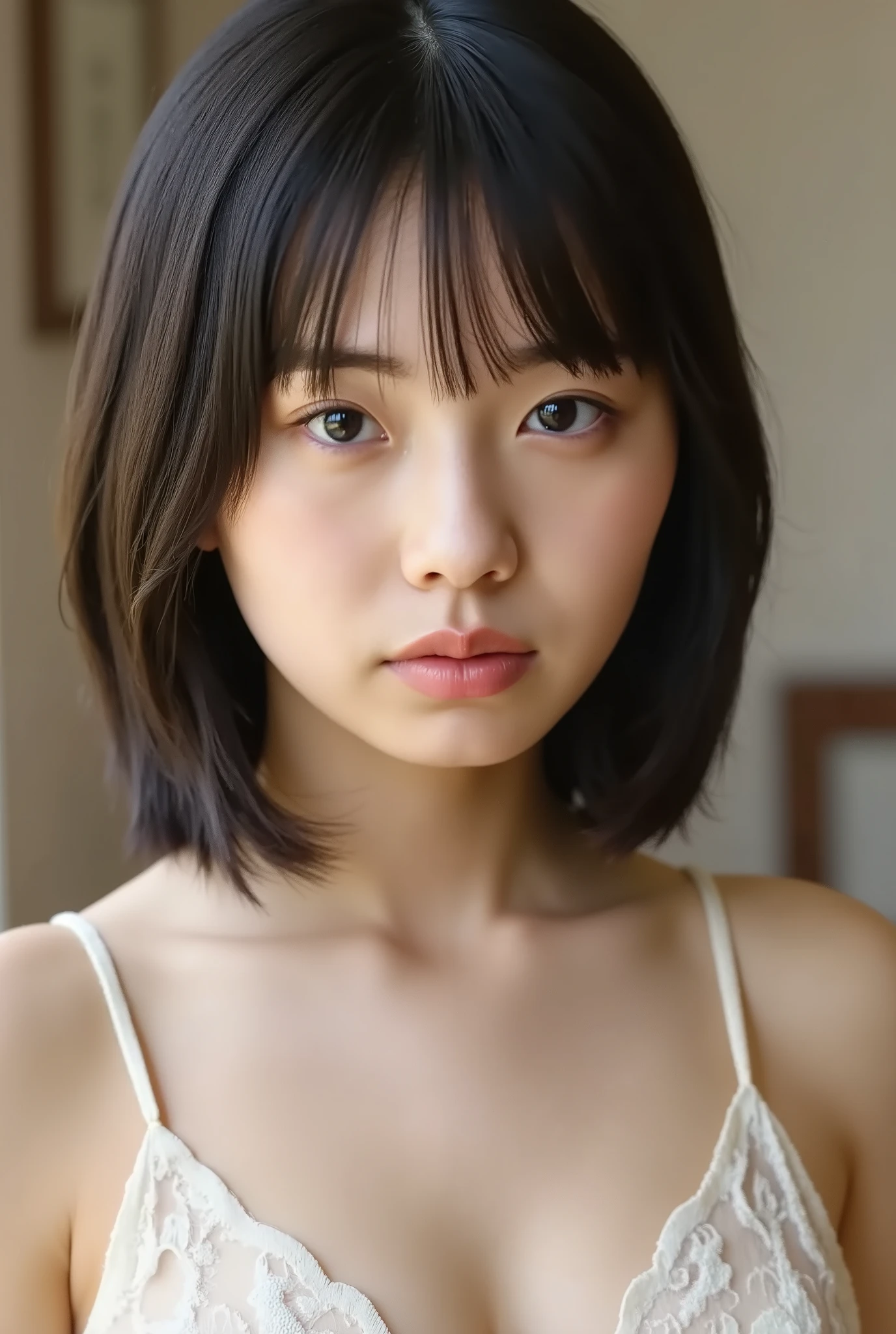 (( best quality )), ((masterpiece)), ( details), Japanese, first person view ,1 girl on break day, Voluptuous women , sexy,( in the bedroom),((( abnormally large breasts , completely naked, beautiful breasts, short bob hair))), black hair , (( without makeup, small eyes))