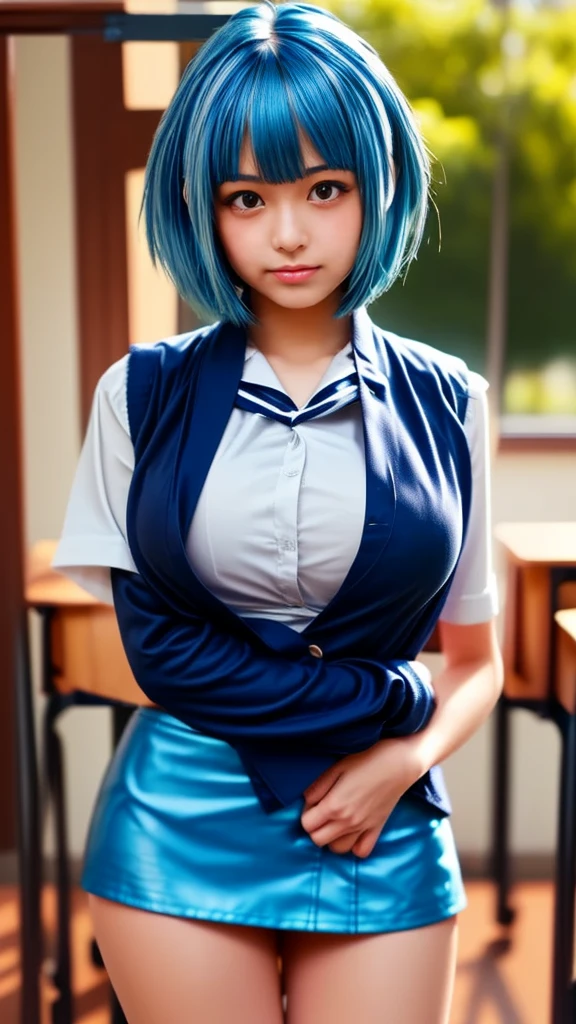 Woman, medium breasts, big-ass, blue hair tied expression "shame, naughty Position "sitting at the table, lifting her skirt and showing her pussy 