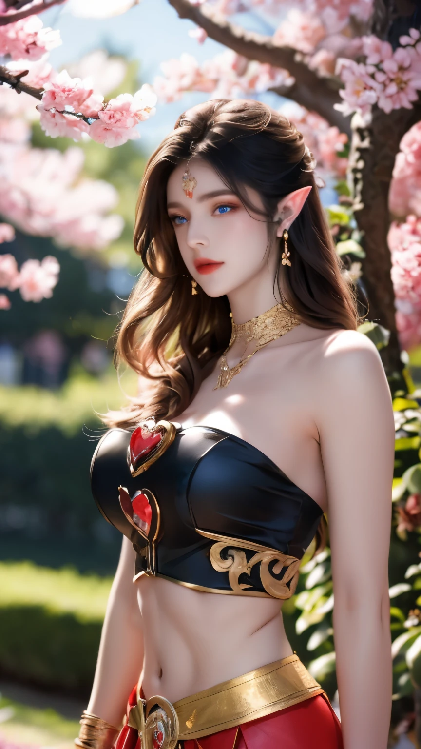One 20 year old girl, breast 1.1, navel,upper body,bare shoulders,wears tube top,red skirt, blue gems,shiny skin,hand in own hair,(mature female),milf, medusa, deep blue eyes, jet black long hair, 8k resolution high quality,background: around the garden surrounded by Sakura trees with fluttering sakura petals, from head to thighs, hourglass figure, bare round shoulders, exposed midriff, a tilak on her forehead,ornamental logo on her forehead, snake crown, necklace, earings with blue gem, long black hair bangs, pointy ears,golden bracelet,Bright lightening under the sun through sakura canopy. High quality 16k resolution,( HDR :1.5), cinematic look, ultra-detailed,ultra lightening, (photorealistic :1.2), long thin straight eyelashes, dense black eyelashes,sharp eyes, diamond shaped head, straight nose, closed heart shaped lips