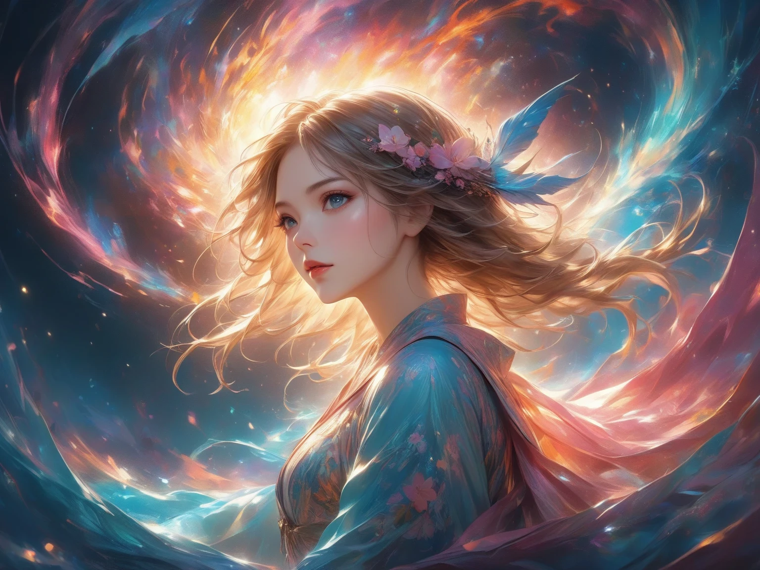 masterpiece,best quality,abstract painting,solo,a girl,a pink light shaped a flower softly glows,embodying thoughtfulness, a rich spirit,and the quiet coexistence of sensitivity and brilliance.I offer a prayer —for release, for peace,and above all, for a gentle, ordinary day.May this heartfelt prayer reach her steps,under the starry sky,may the light keep illuminating her path,spirit of the wind,dynamism,hard brushes work art-style, Intricate Artwork , detailed illustration ,Hand-drawn sketch,8k,HDR