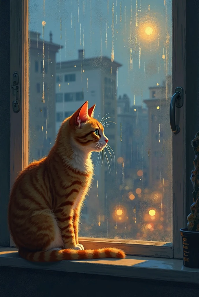 Ultra-detailed 4K digital painting of a cat sitting on a windowsill, intently watching the rain outside. The windowpane is streaked with glistening raindrops that catch the soft ambient light, creating a dreamy, impressionistic blur of the world beyond. The cat is lit by a warm, golden glow from within, fur rendered with lifelike texture and subtle shadows. Outside, muted tones and abstract city lights suggest a quiet, melancholic evening. Studio Ghibli-meets-classic oil painting style. Award-winning composition, emotionally resonant, gallery-quality visual depth