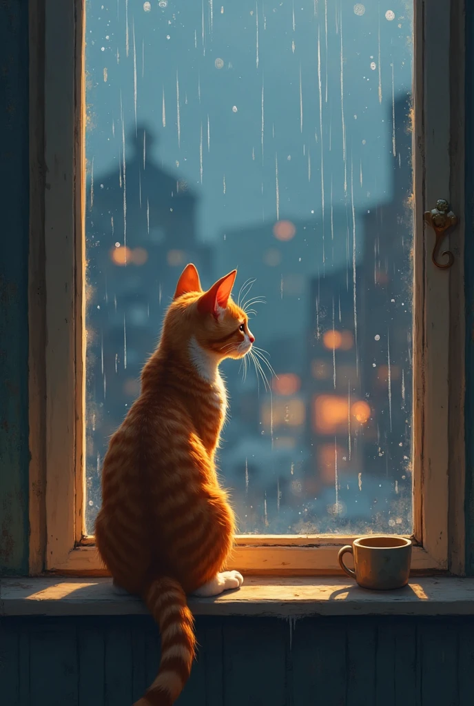 Ultra-detailed 4K digital painting of a cat sitting on a windowsill, intently watching the rain outside. The windowpane is streaked with glistening raindrops that catch the soft ambient light, creating a dreamy, impressionistic blur of the world beyond. The cat is lit by a warm, golden glow from within, fur rendered with lifelike texture and subtle shadows. Outside, muted tones and abstract city lights suggest a quiet, melancholic evening. Studio Ghibli-meets-classic oil painting style. Award-winning composition, emotionally resonant, gallery-quality visual depth