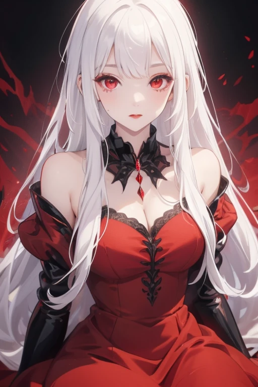 woman in a black and red dress, girl wearing a black and red dress, in dress, beautiful alluring woman, cute waifu in a nice dress, gothic maiden girl, red eyes, white hair, 8k high quality detailed art, beautiful anime girl, guweiz, beautiful anime woman, attractive anime girl, hands behind back